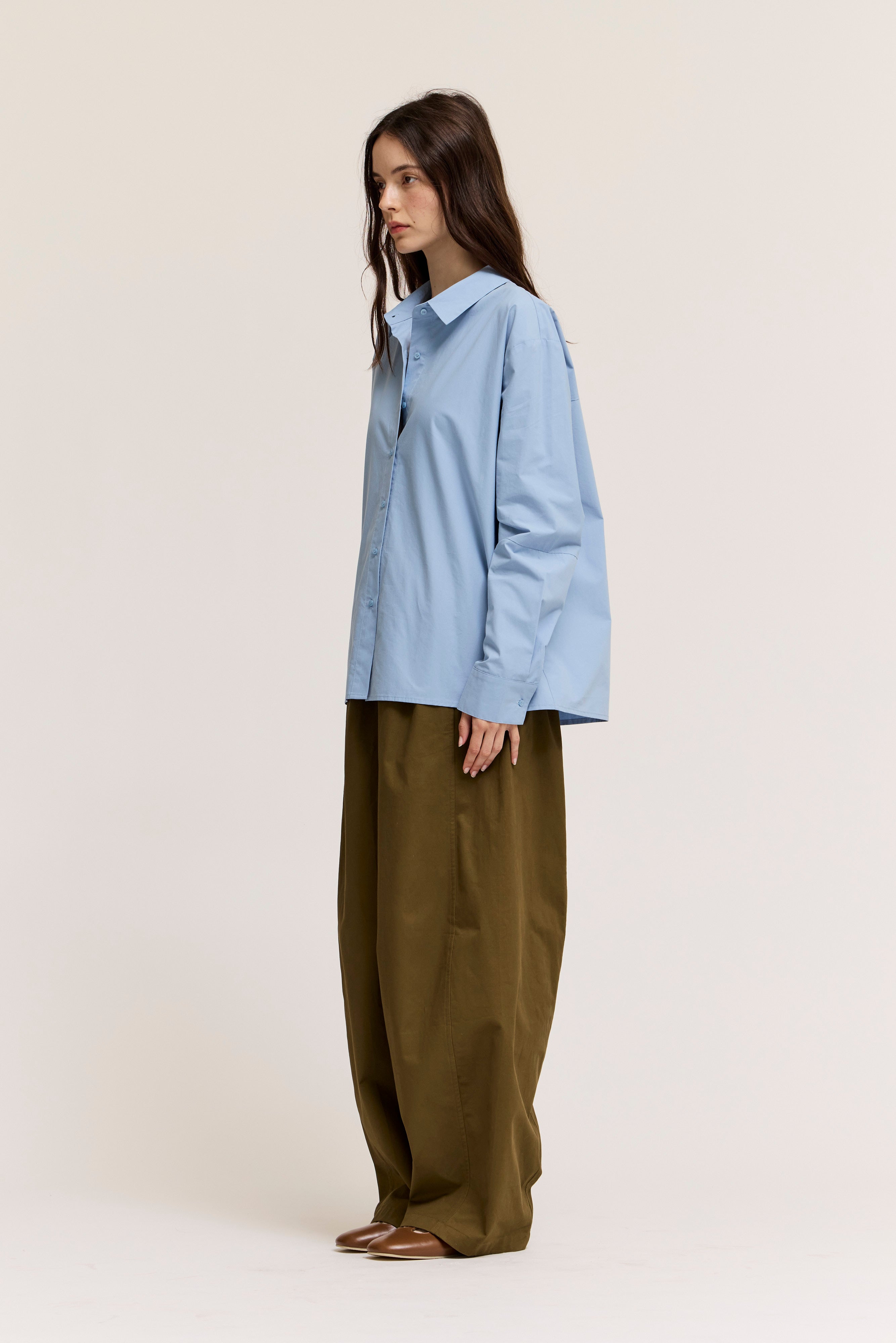 Drop Shoulder Seam Loose Fit Cotton Shirts in Slate Blue