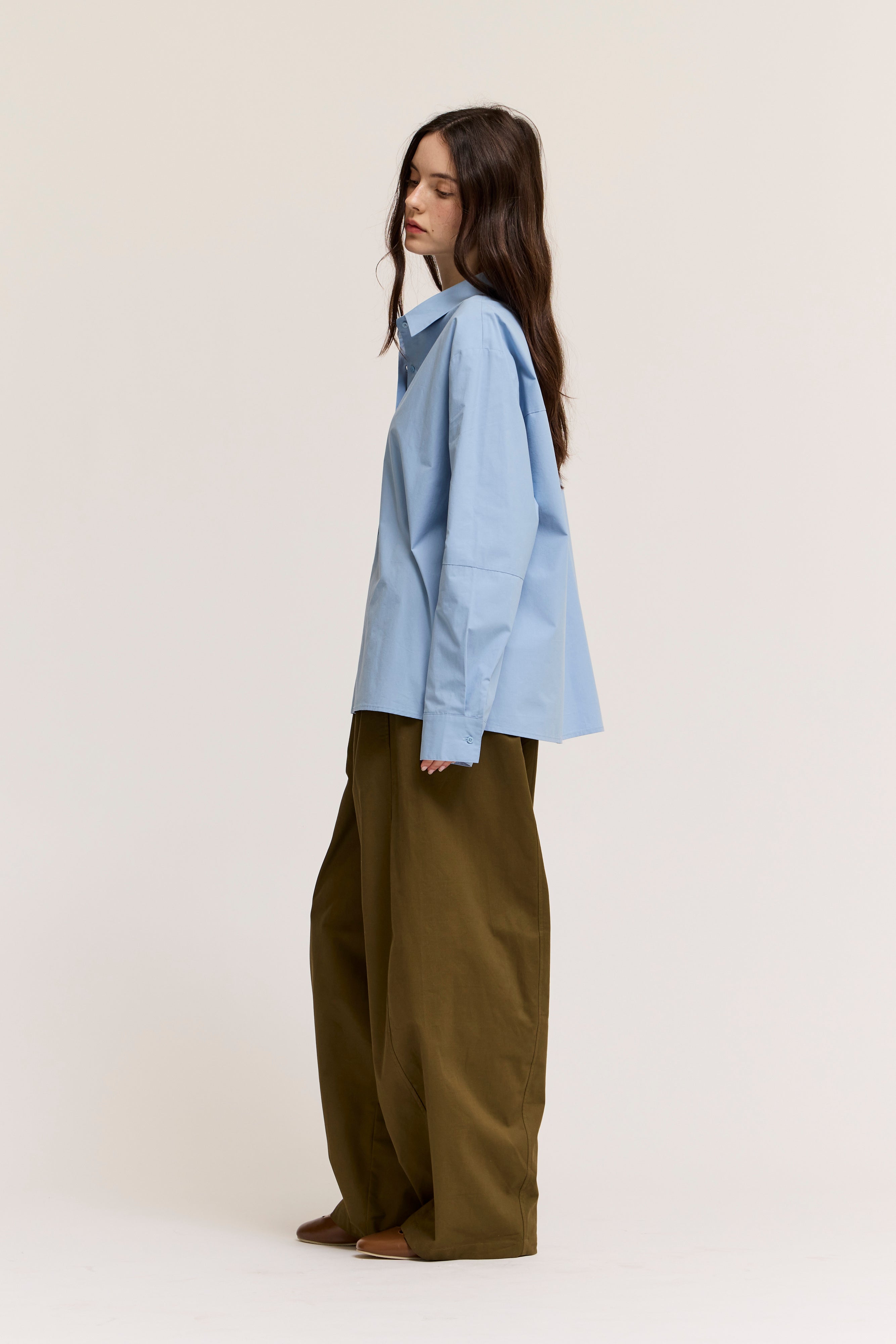Drop Shoulder Seam Loose Fit Cotton Shirts in Slate Blue