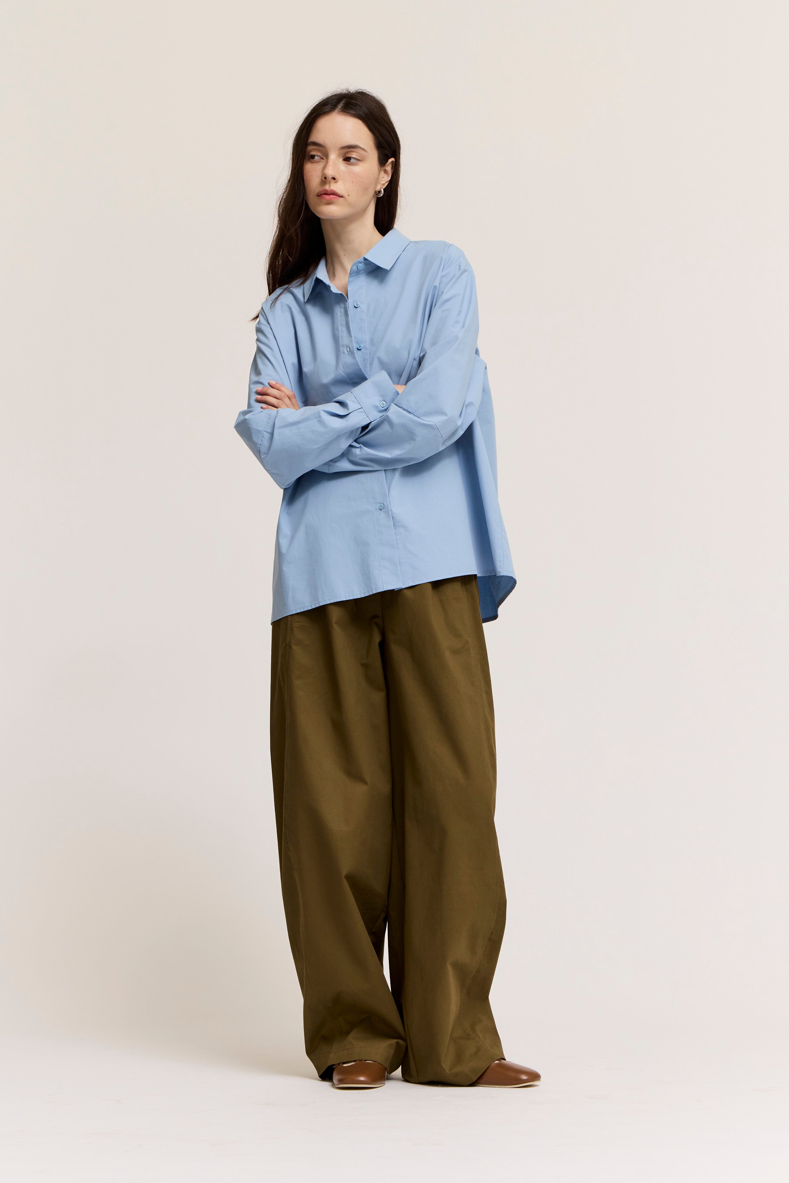 Drop Shoulder Seam Loose Fit Cotton Shirts in Slate Blue