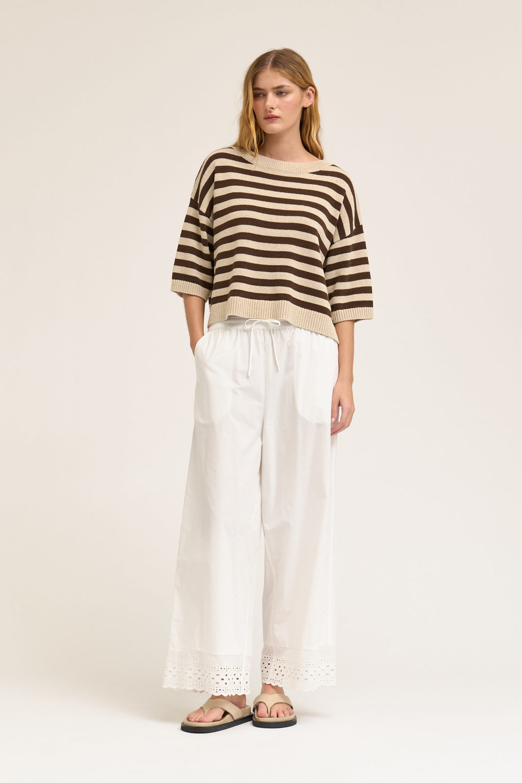 Drop Shoulder Stripe Short Sleeve Knit Top in Greige Choco