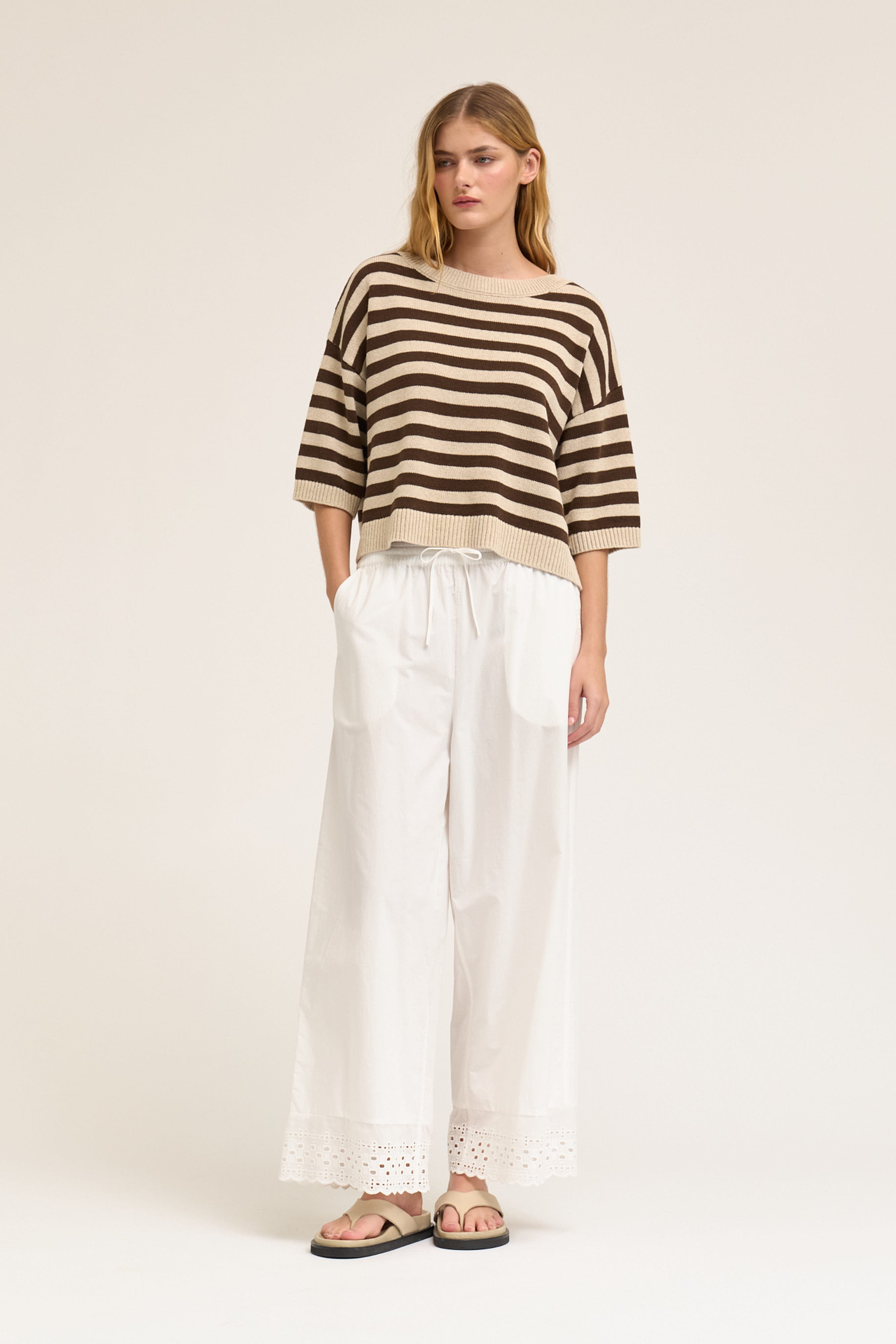 Drop Shoulder Stripe Short Sleeve Knit Top in Greige Choco