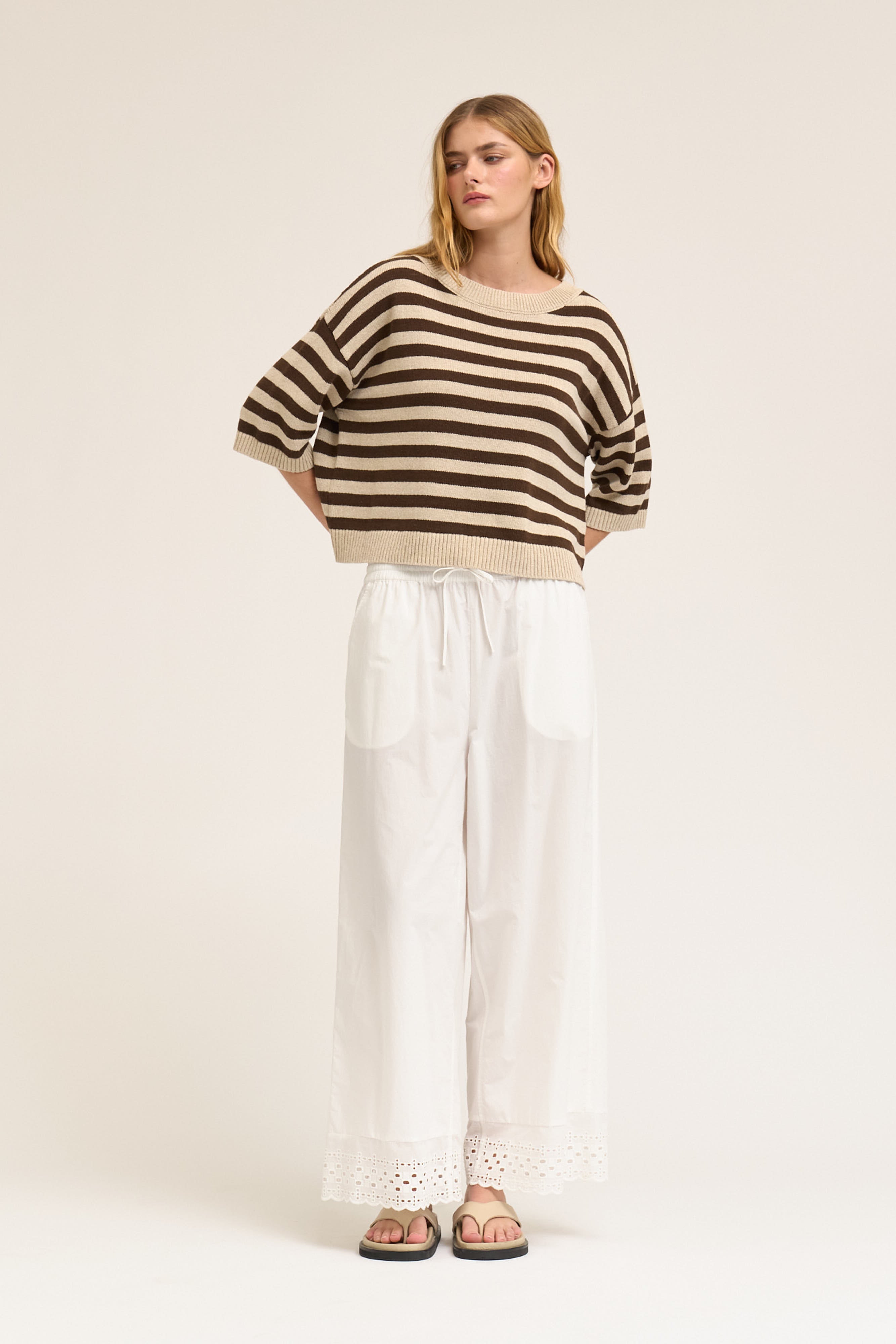 Drop Shoulder Stripe Short Sleeve Knit Top in Greige Choco