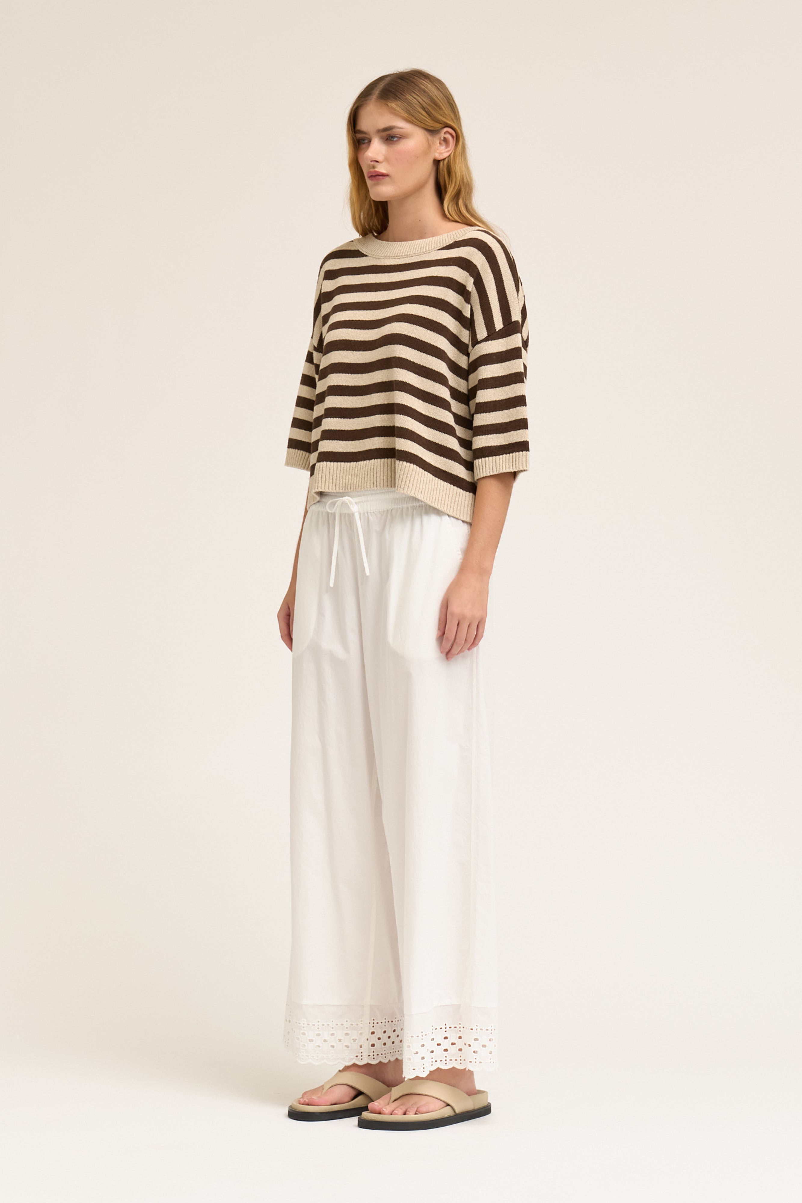 Drop Shoulder Stripe Short Sleeve Knit Top in Greige Choco