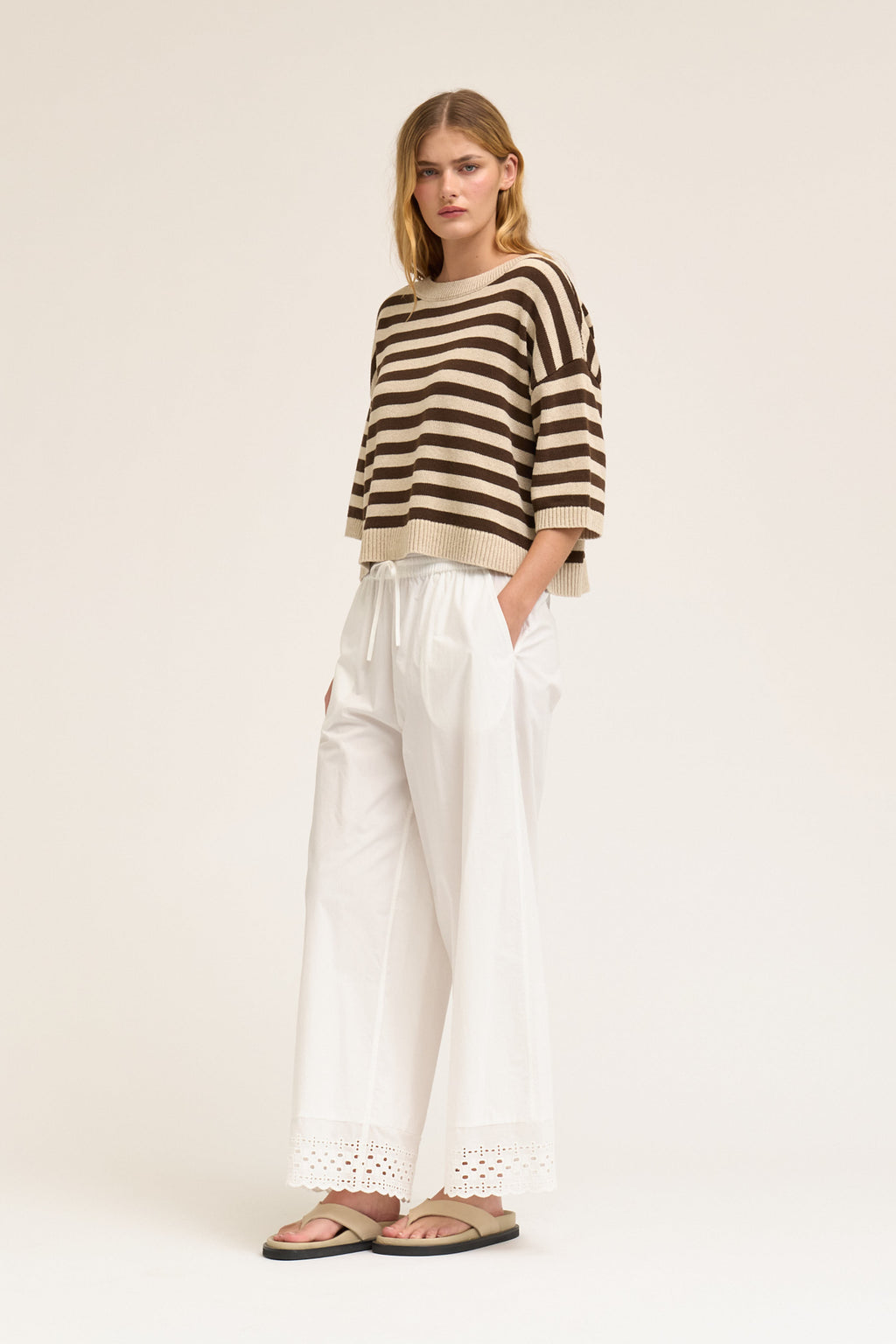Drop Shoulder Stripe Short Sleeve Knit Top in Greige Choco