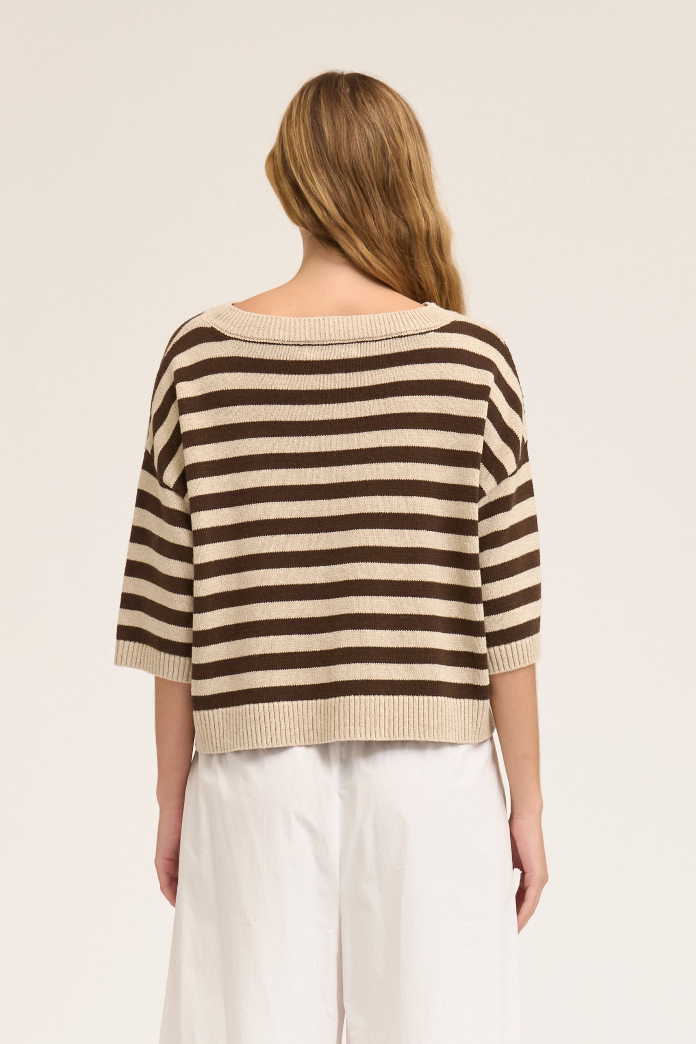 Drop Shoulder Stripe Short Sleeve Knit Top in Greige Choco