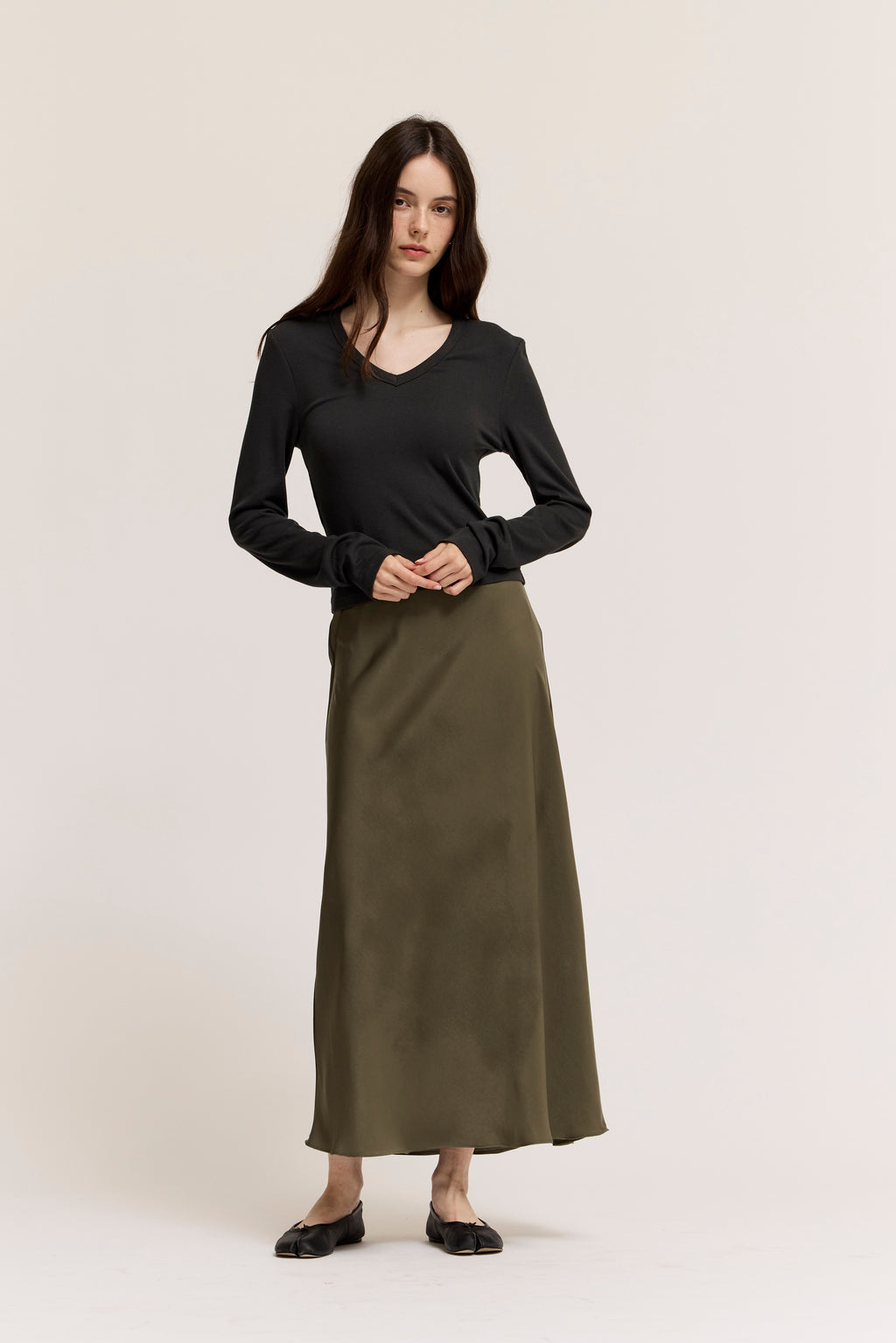 Flared Satin Maxi Skirt in Martini Olive