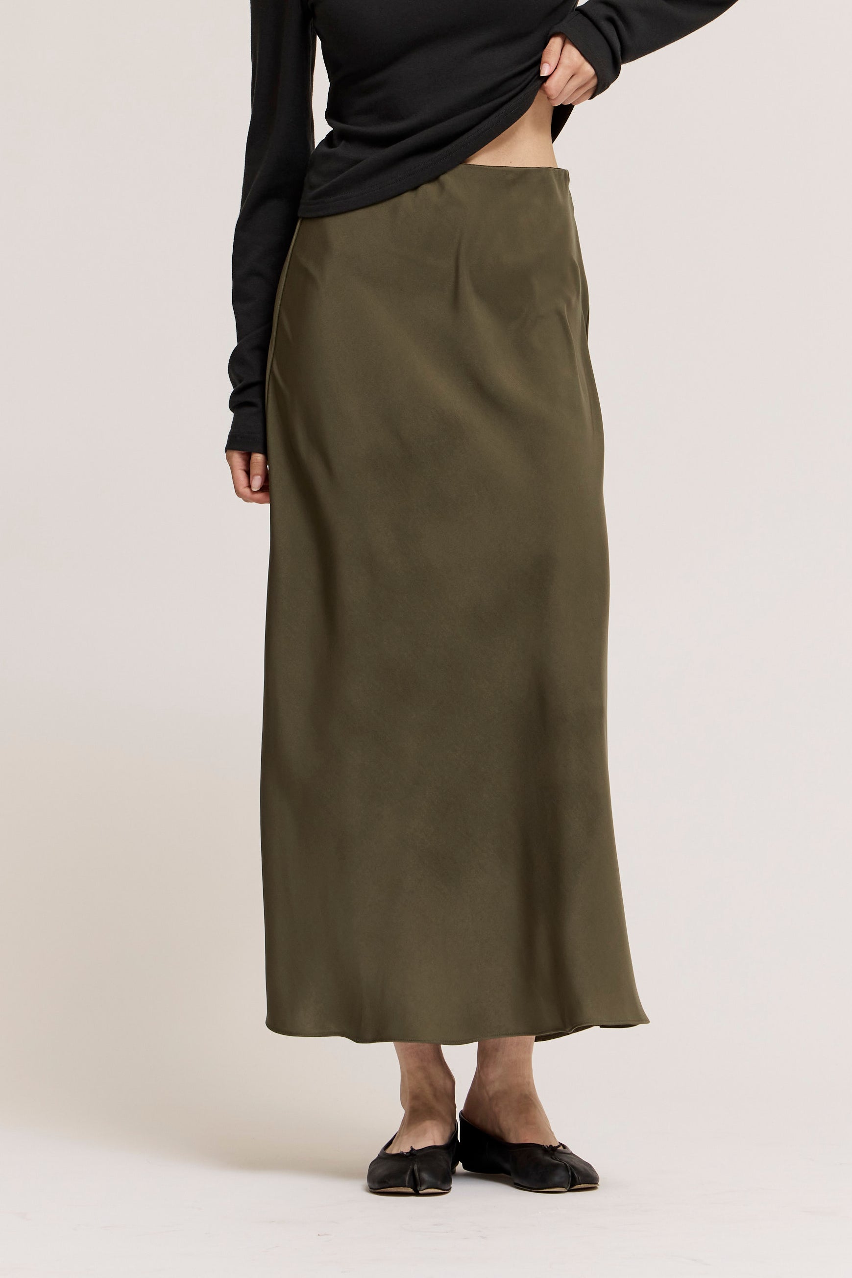 Flared Satin Maxi Skirt in Martini Olive