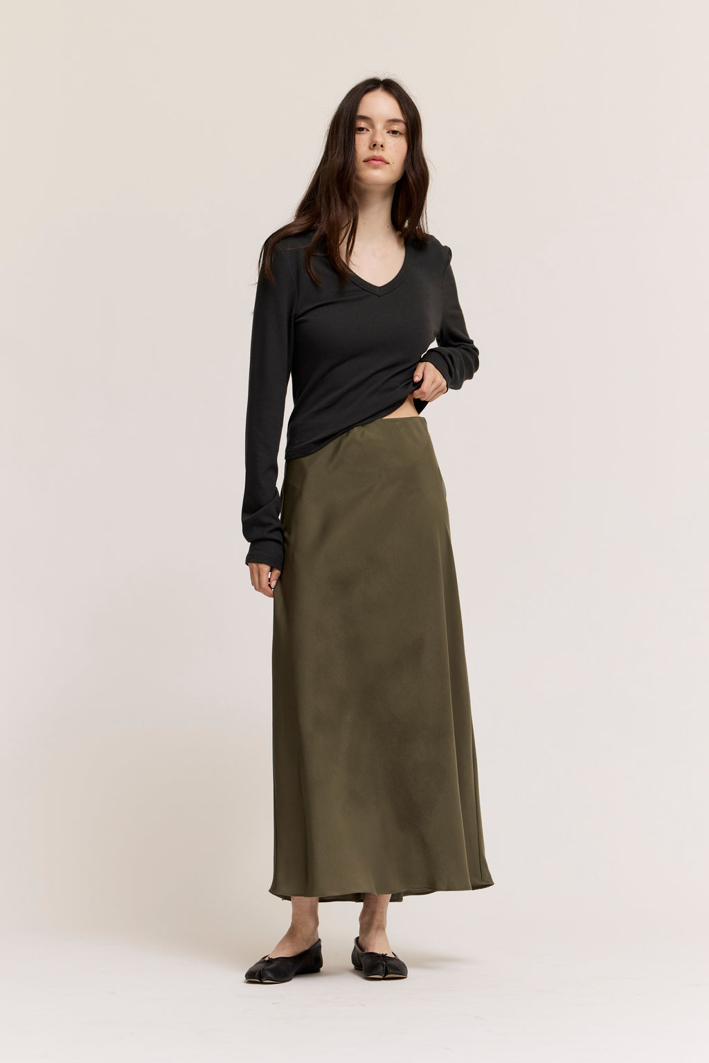 Flared Satin Maxi Skirt in Martini Olive