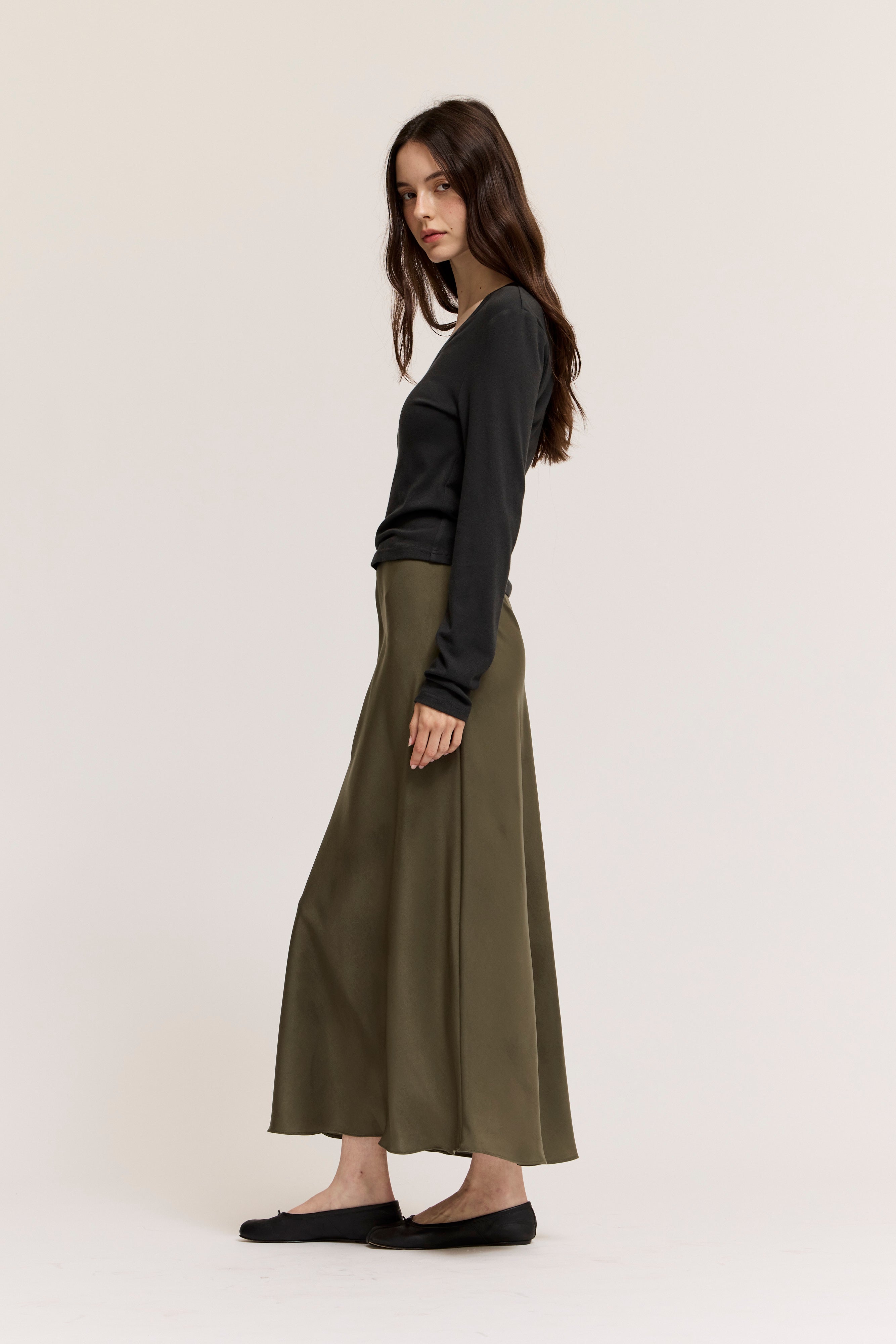 Flared Satin Maxi Skirt in Martini Olive