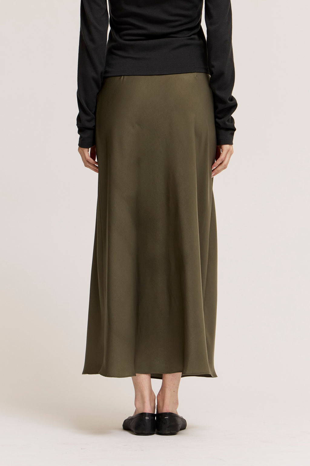 Flared Satin Maxi Skirt in Martini Olive