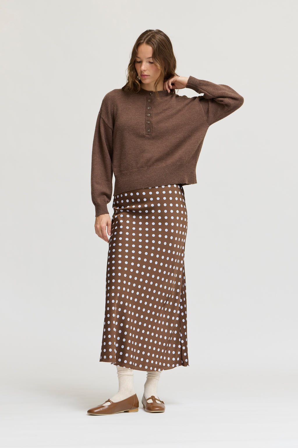 Polka Dot Slip Skirt in Brown Blue