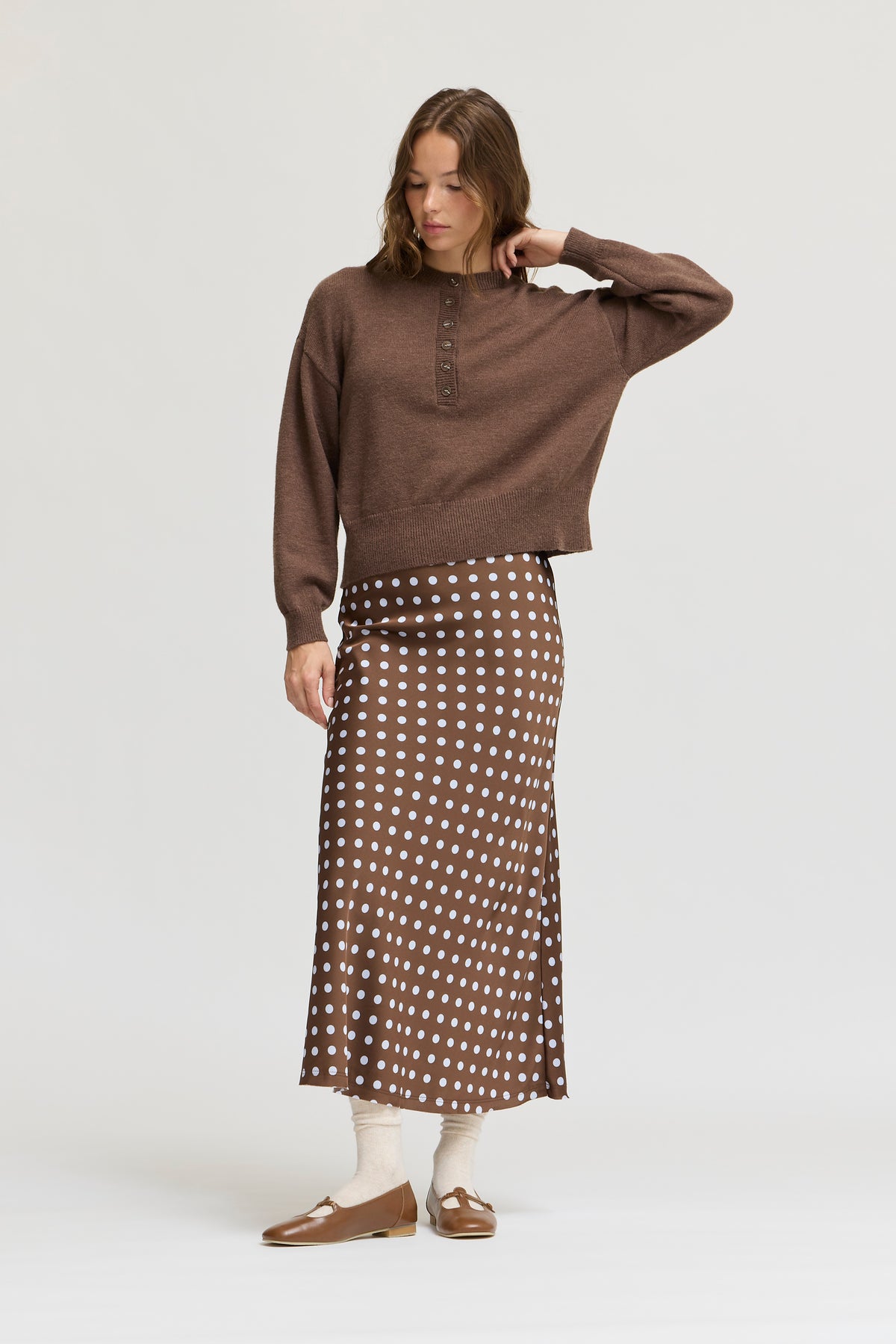 Polka Dot Slip Skirt in Brown Blue