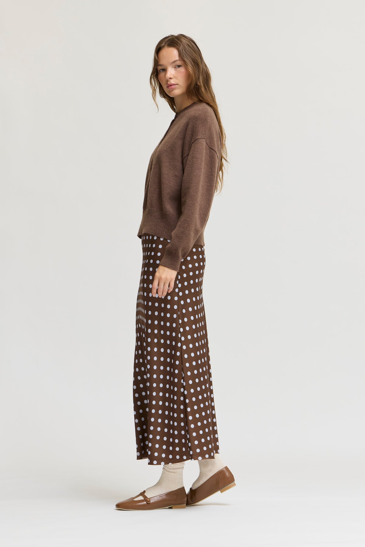Polka Dot Slip Skirt in Brown Blue