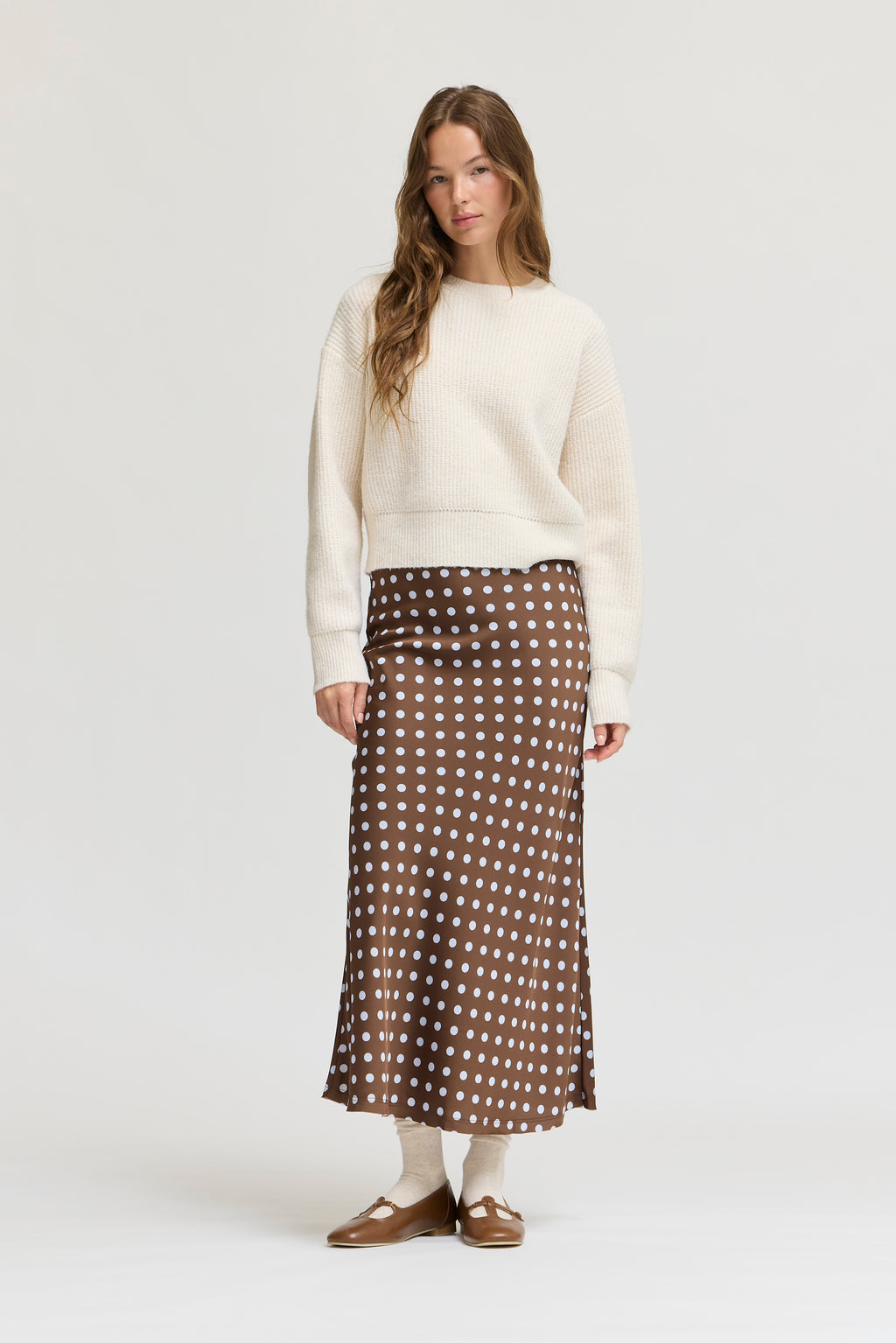 Polka Dot Slip Skirt in Brown Blue