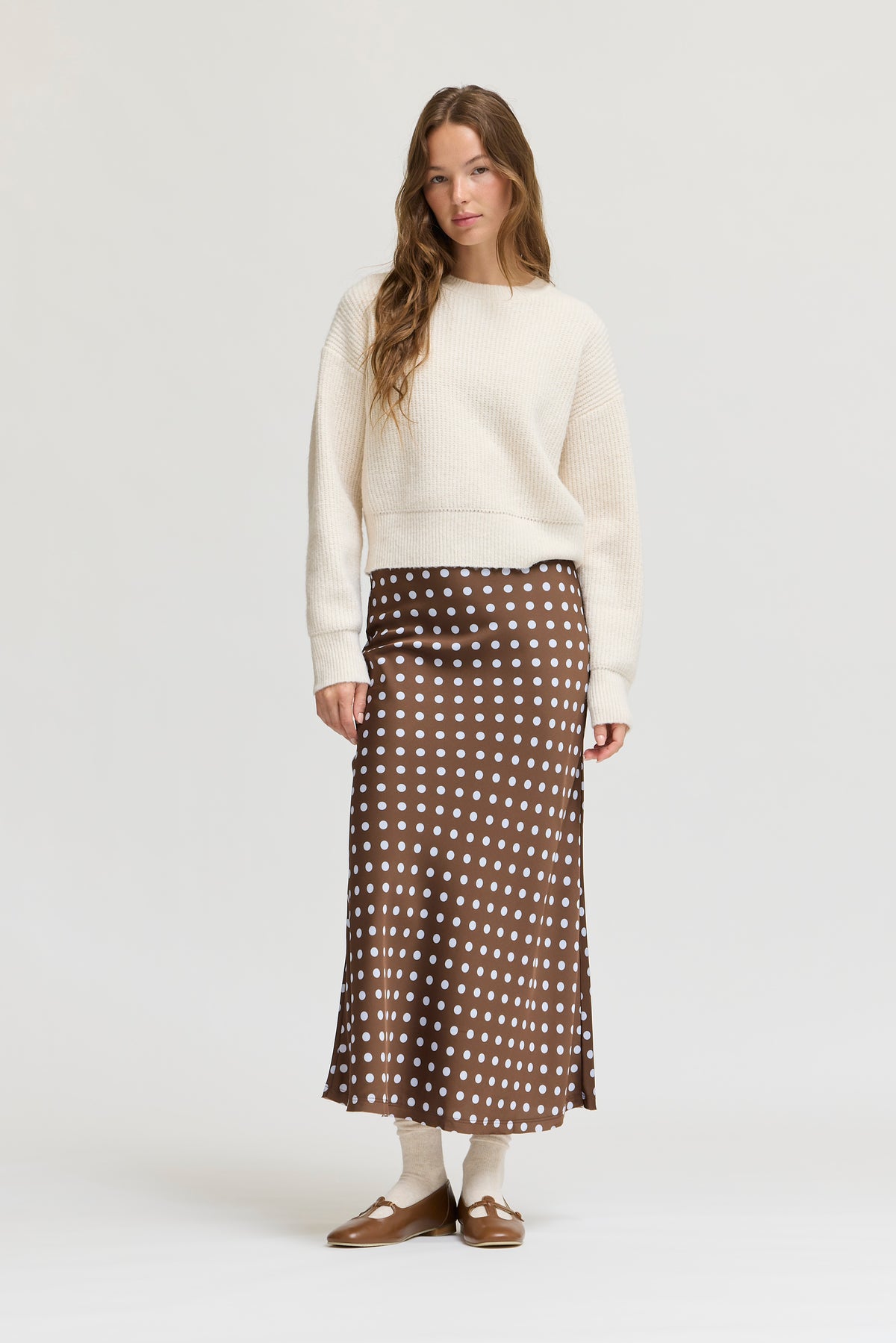 Polka Dot Slip Skirt in Brown Blue