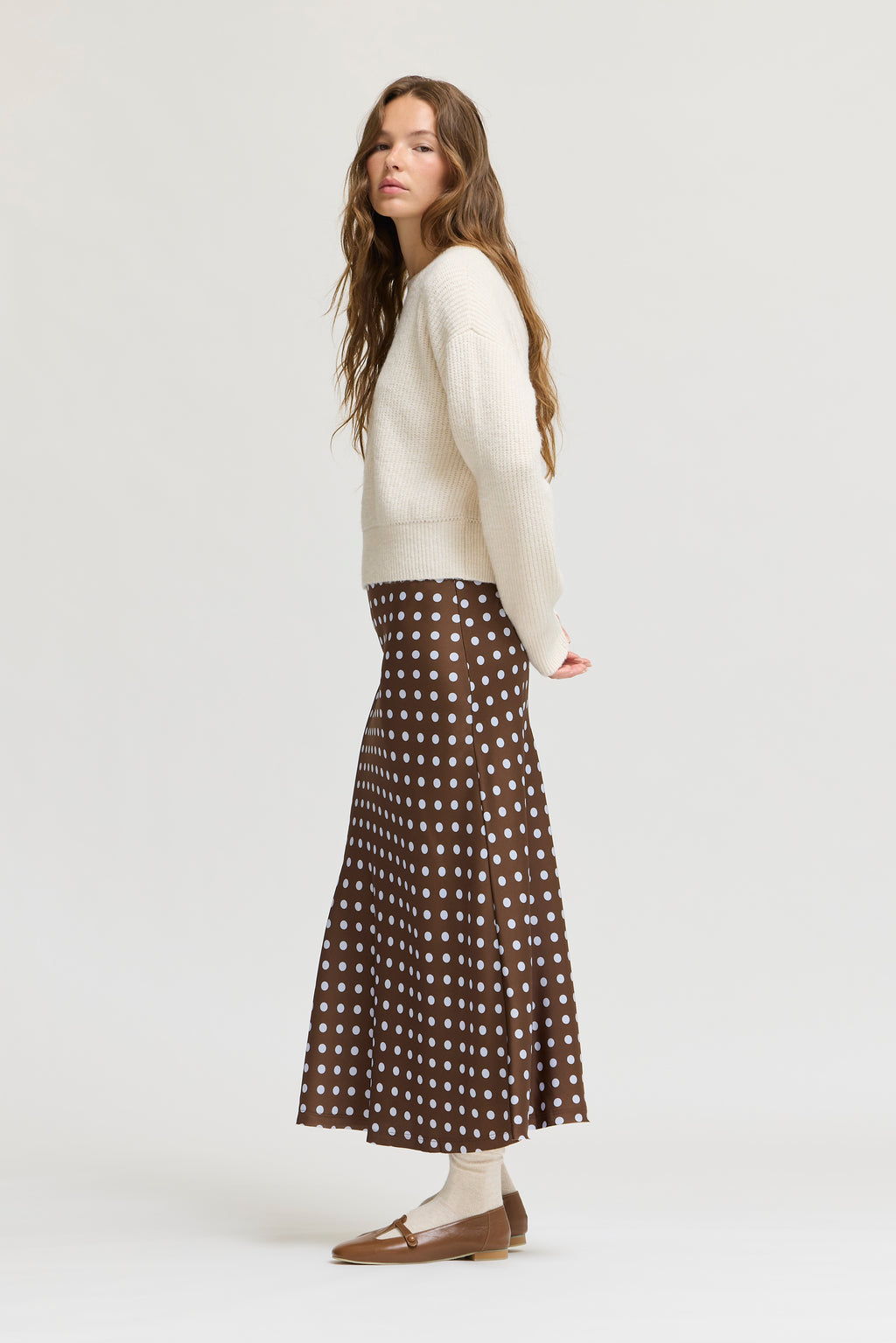 Polka Dot Slip Skirt in Brown Blue