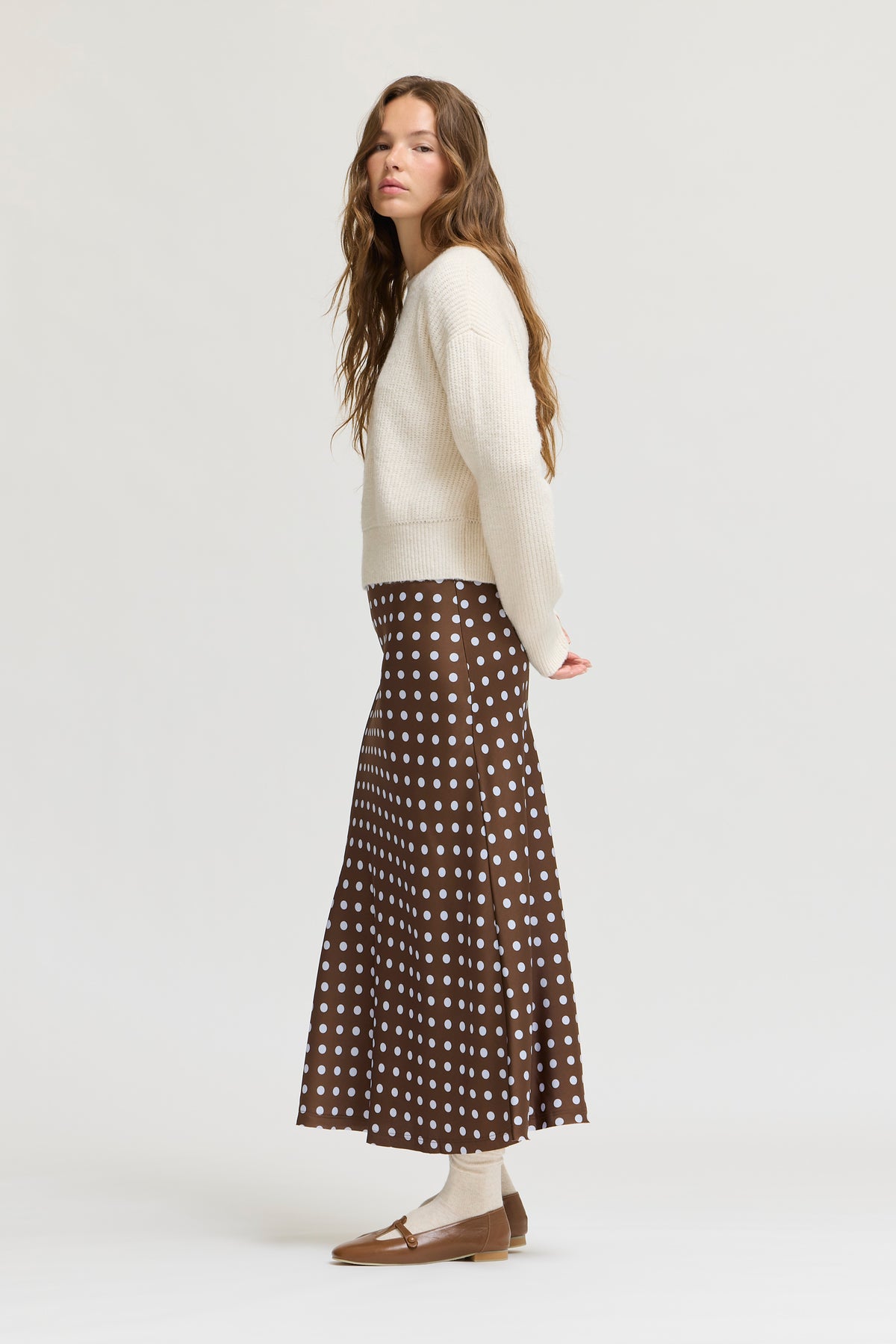 Polka Dot Slip Skirt in Brown Blue