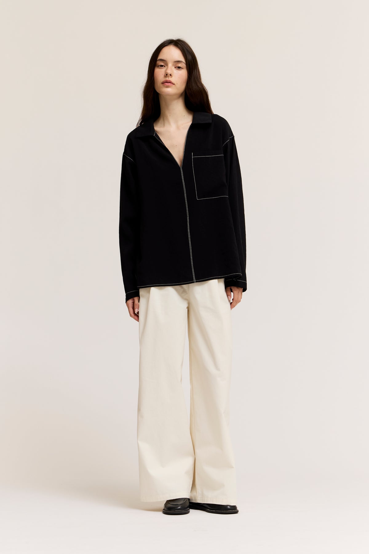 Contrast Stitch Collared Shirt in Black