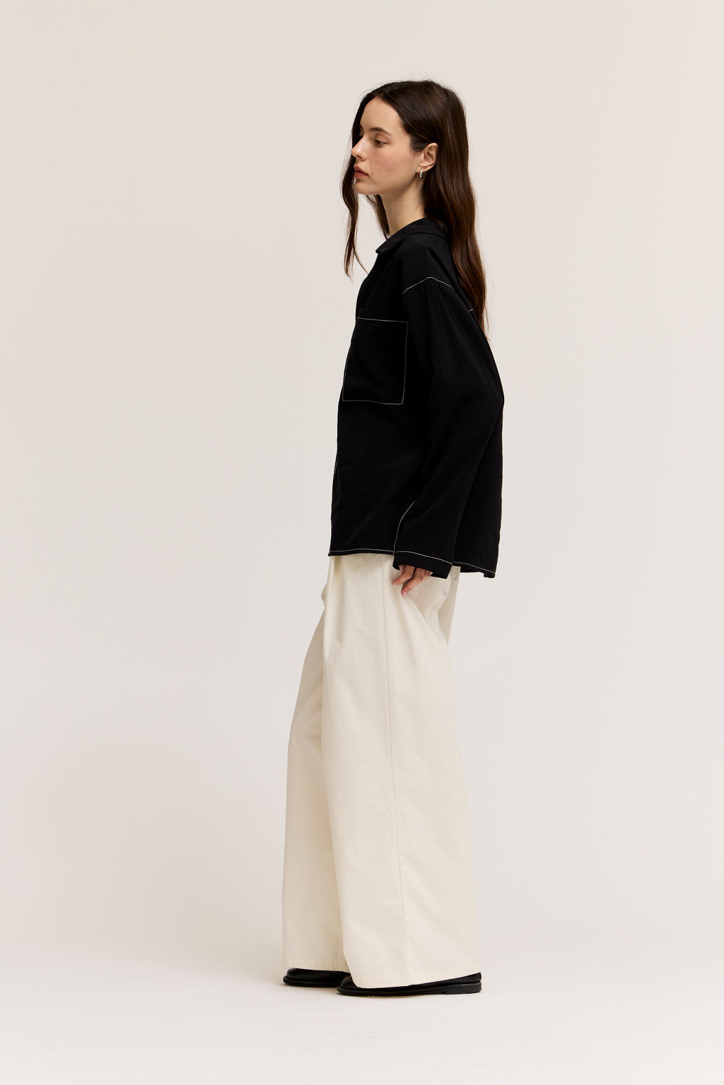 Contrast Stitch Collared Shirt in Black