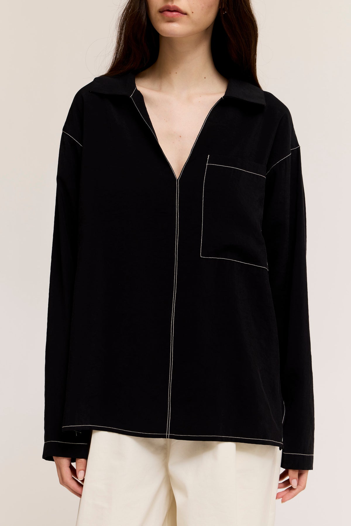Contrast Stitch Collared Shirt in Black