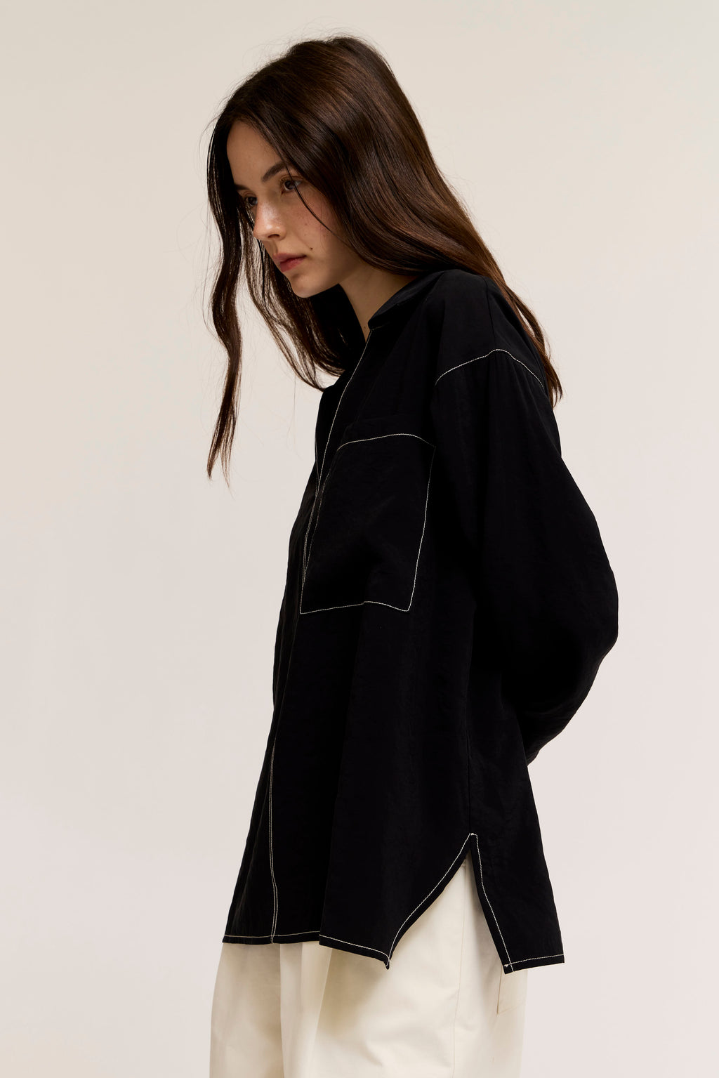 Contrast Stitch Collared Shirt in Black