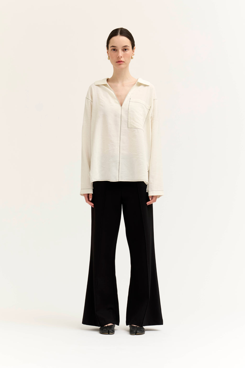 Contrast Stitch Collared Shirt in Soy