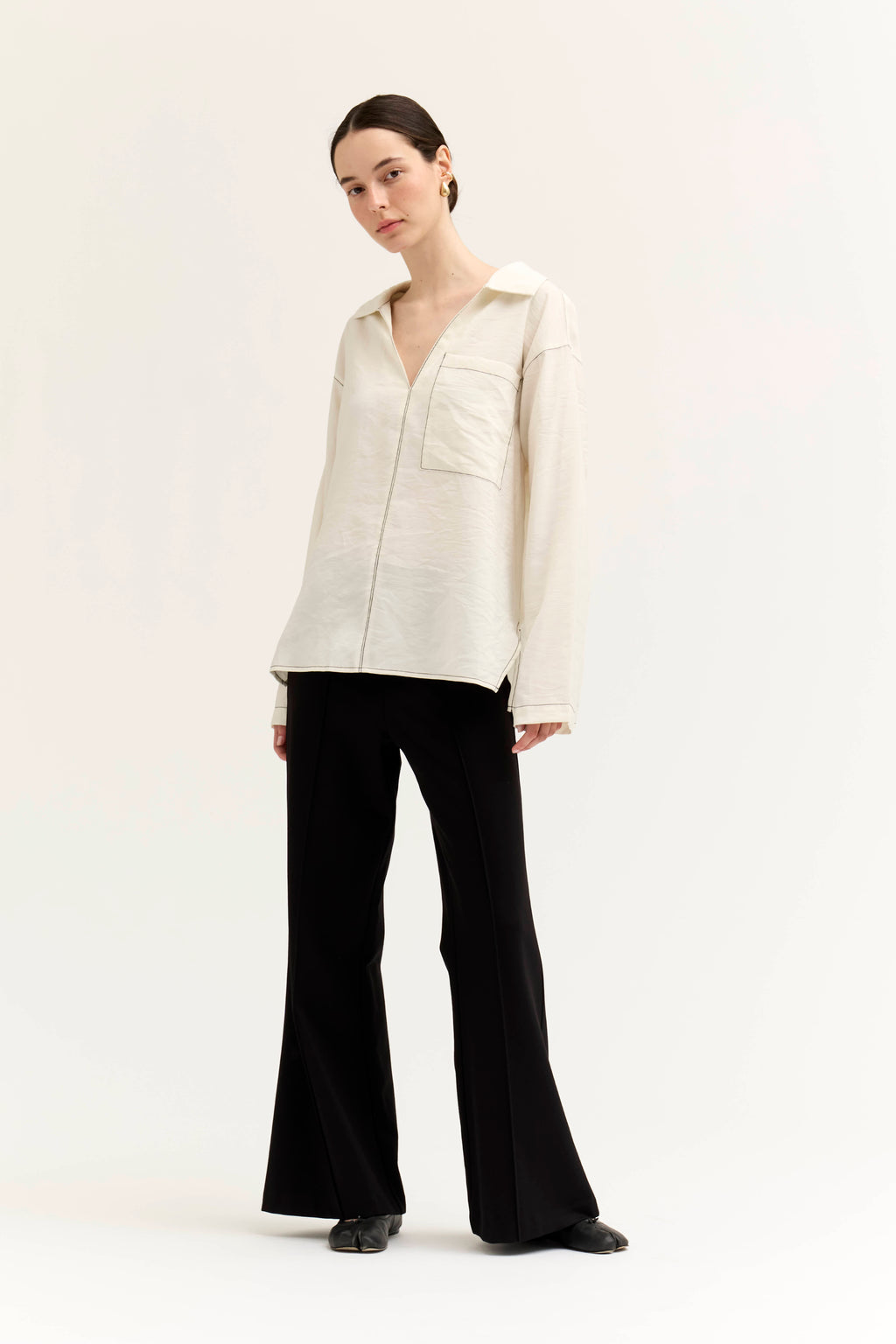 Contrast Stitch Collared Shirt in Soy