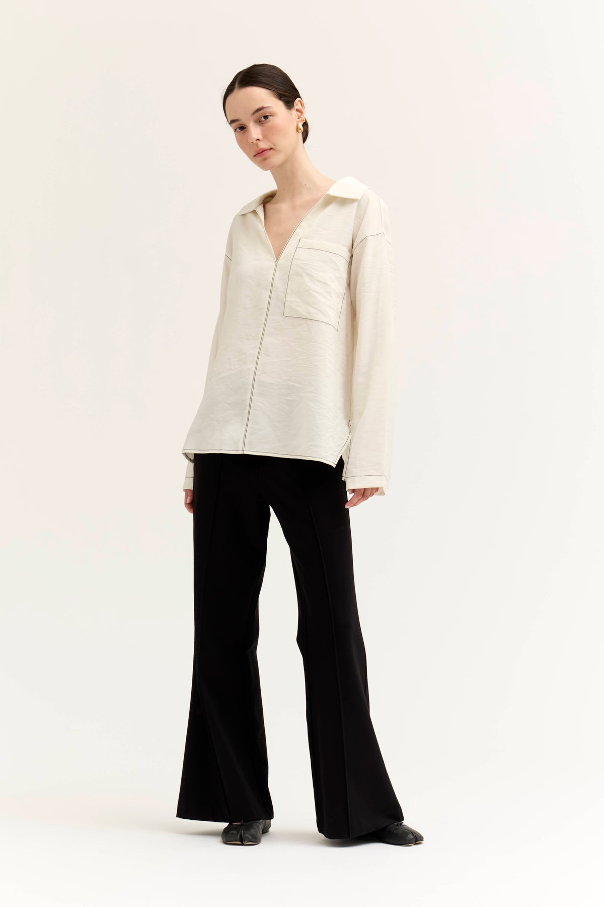 Contrast Stitch Collared Shirt in Soy