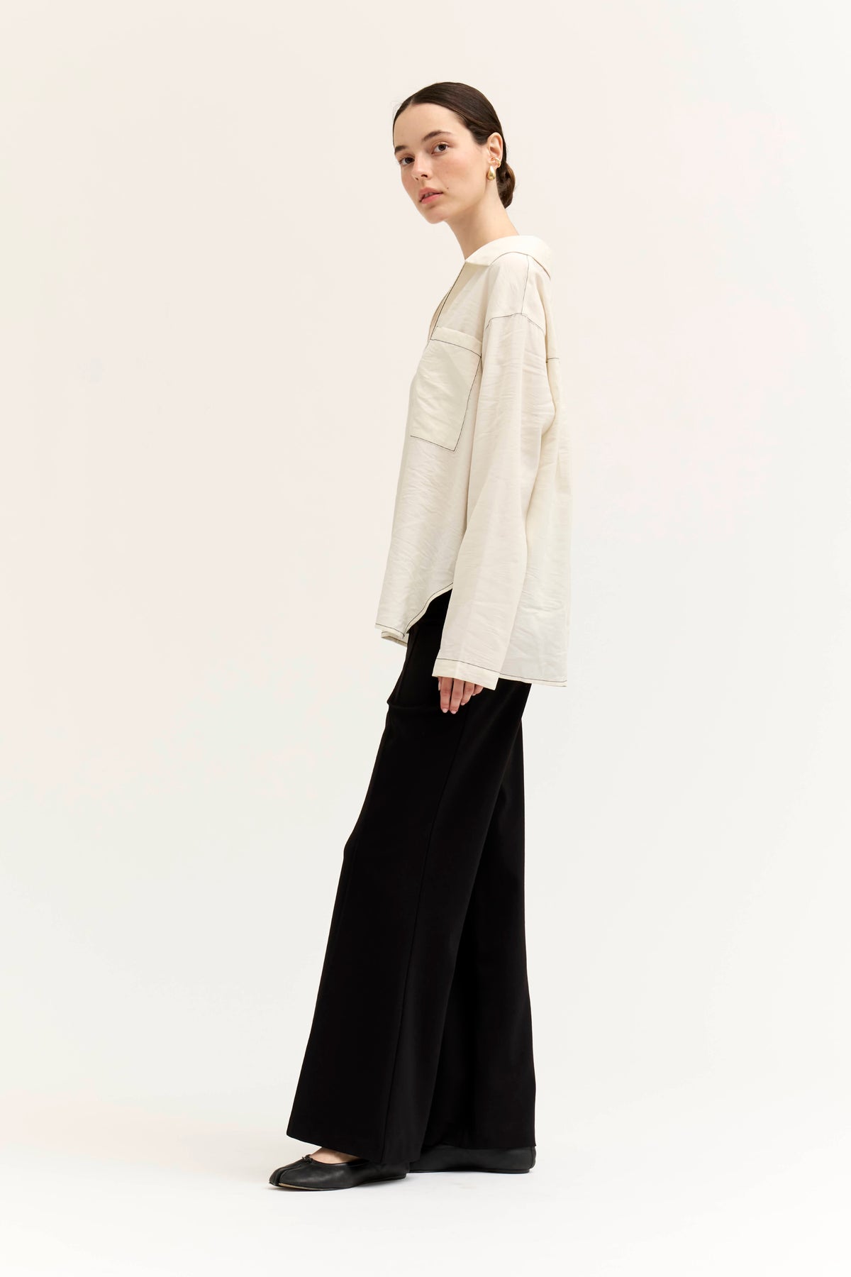 Contrast Stitch Collared Shirt in Soy