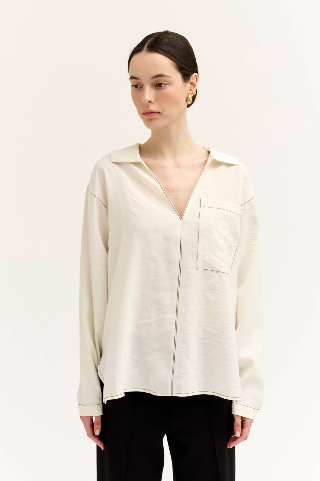 Contrast Stitch Collared Shirt in Soy