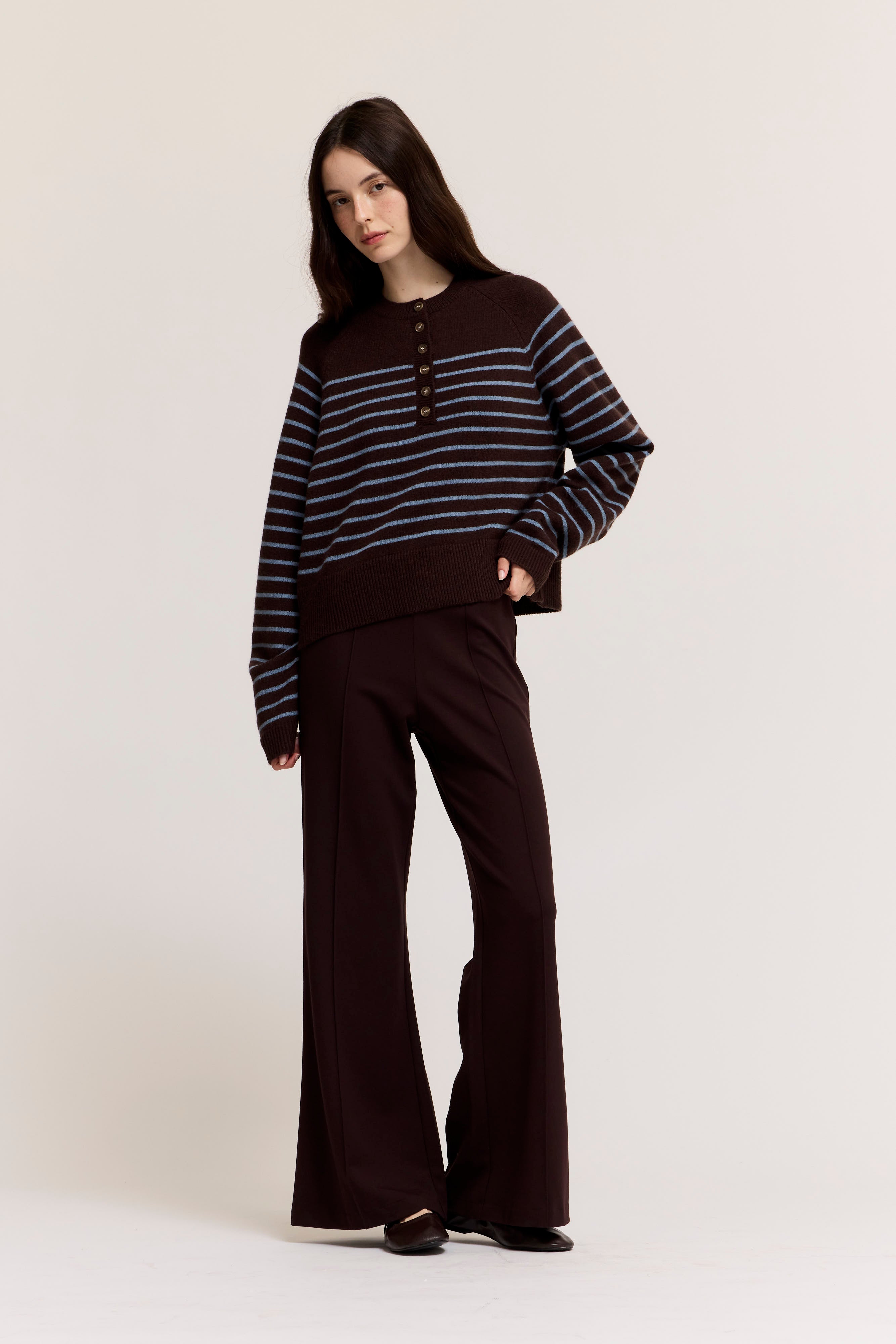 Knit Stripe Henley in Choco Blue