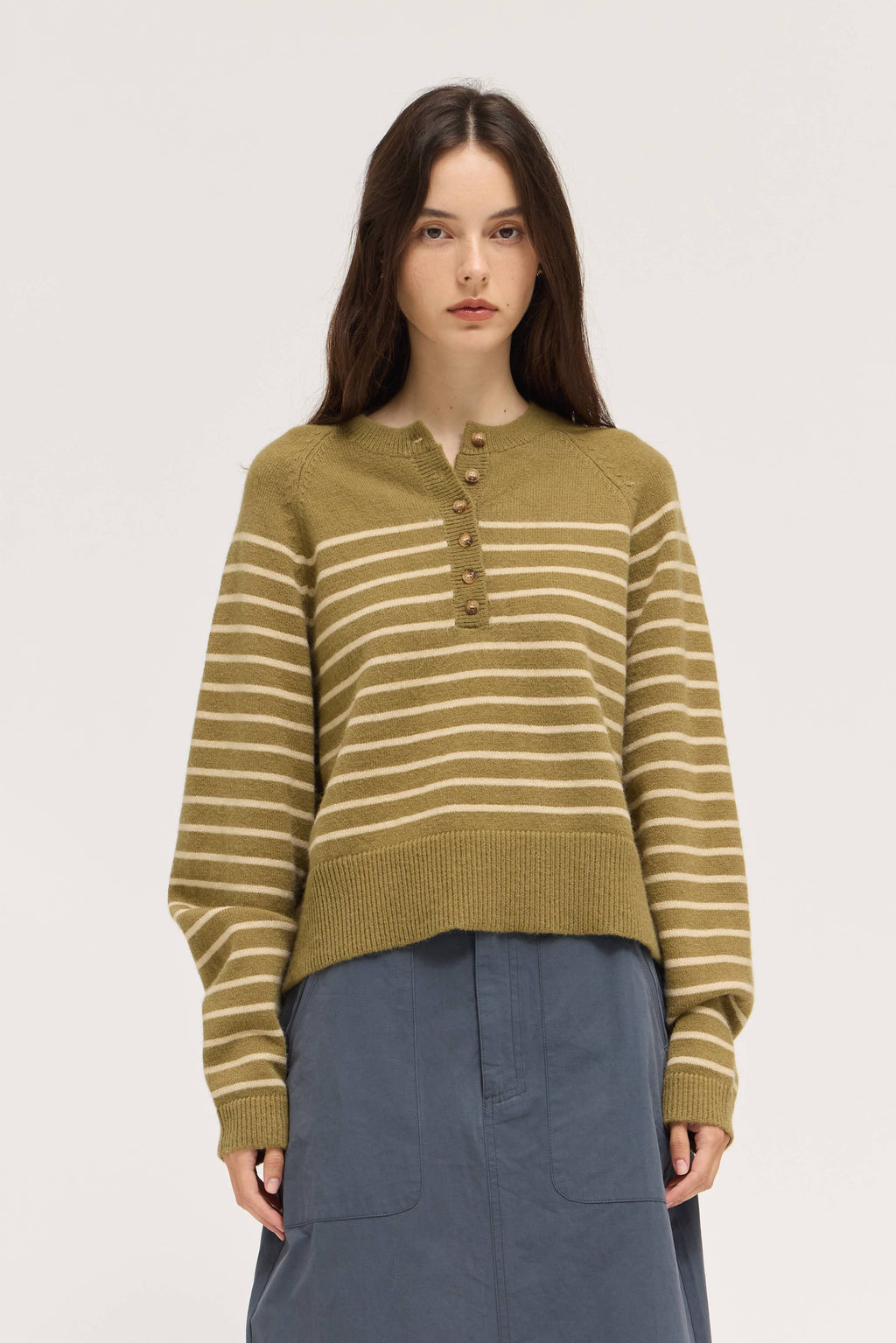 Knit Stripe Henley in Fatigue Papayrus