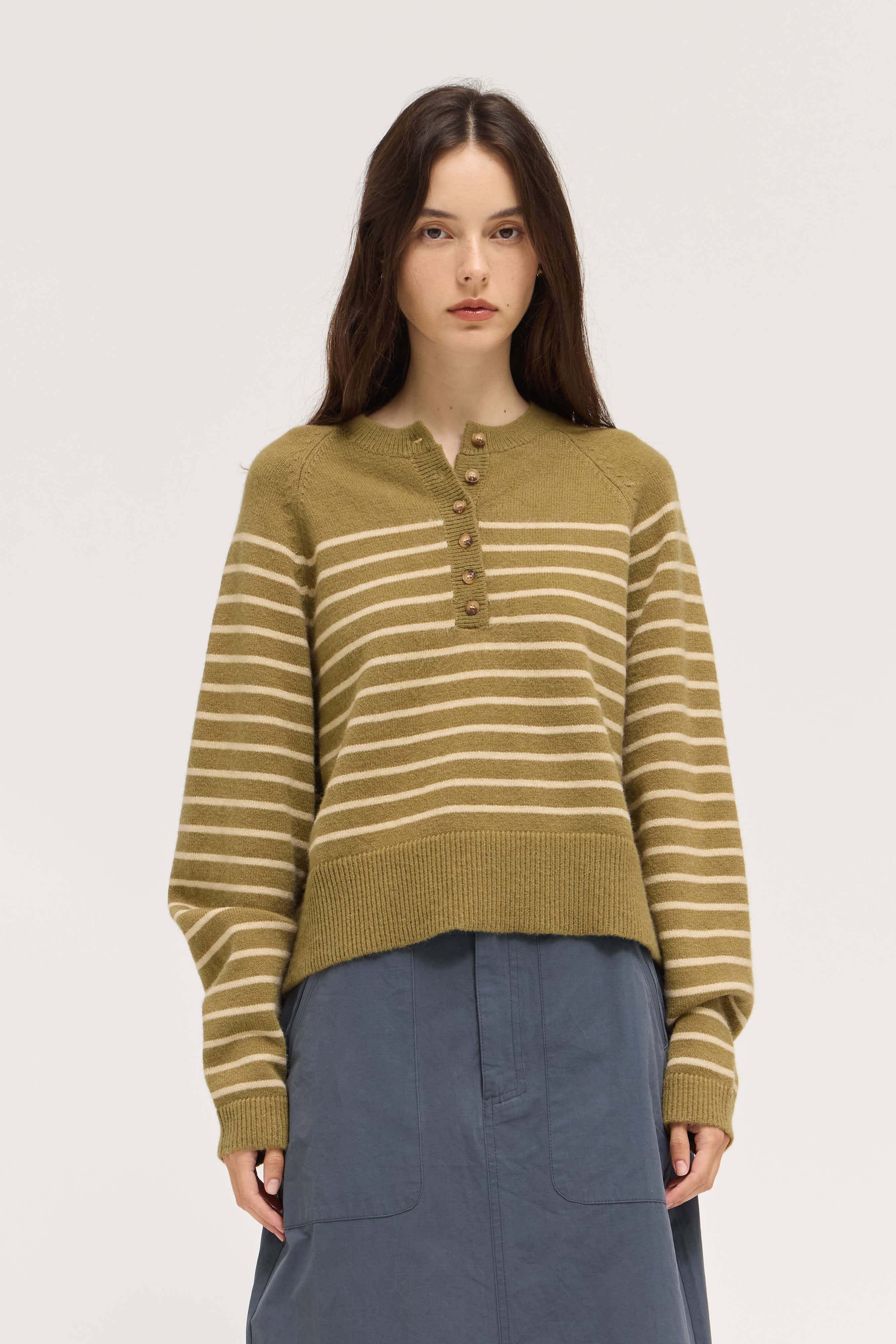 Knit Stripe Henley in Fatigue Papayrus