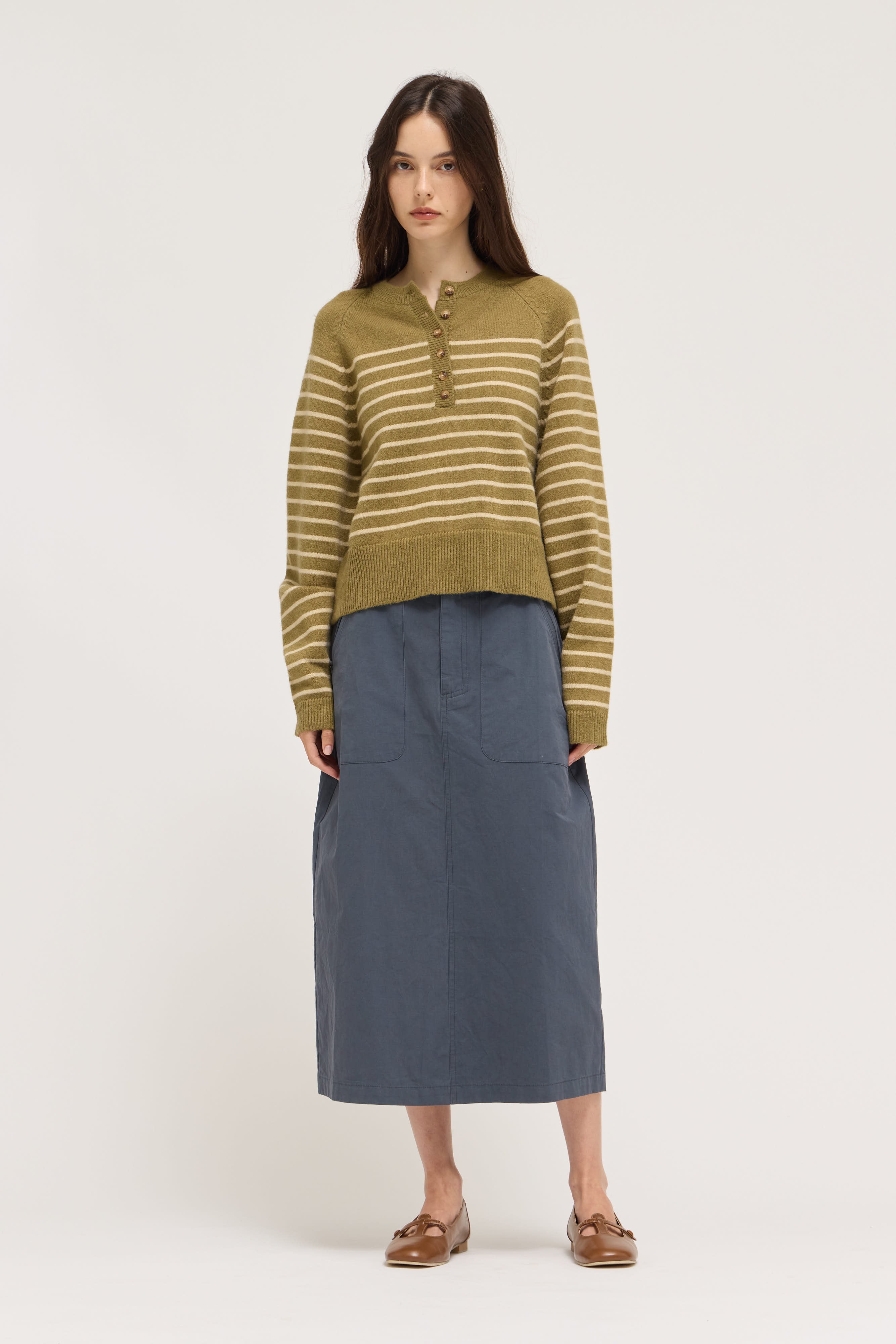 Knit Stripe Henley in Fatigue Papayrus