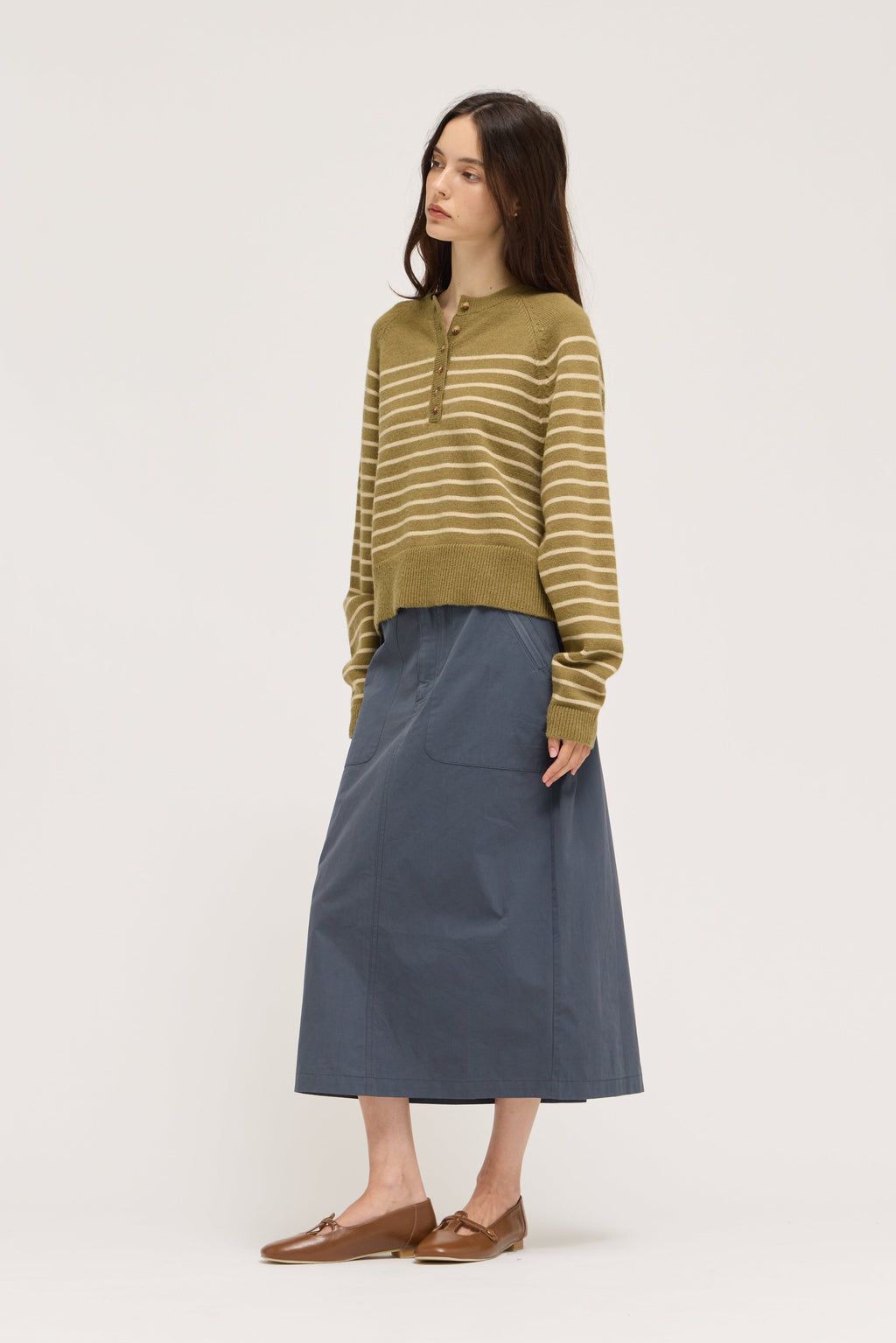 Knit Stripe Henley in Fatigue Papayrus
