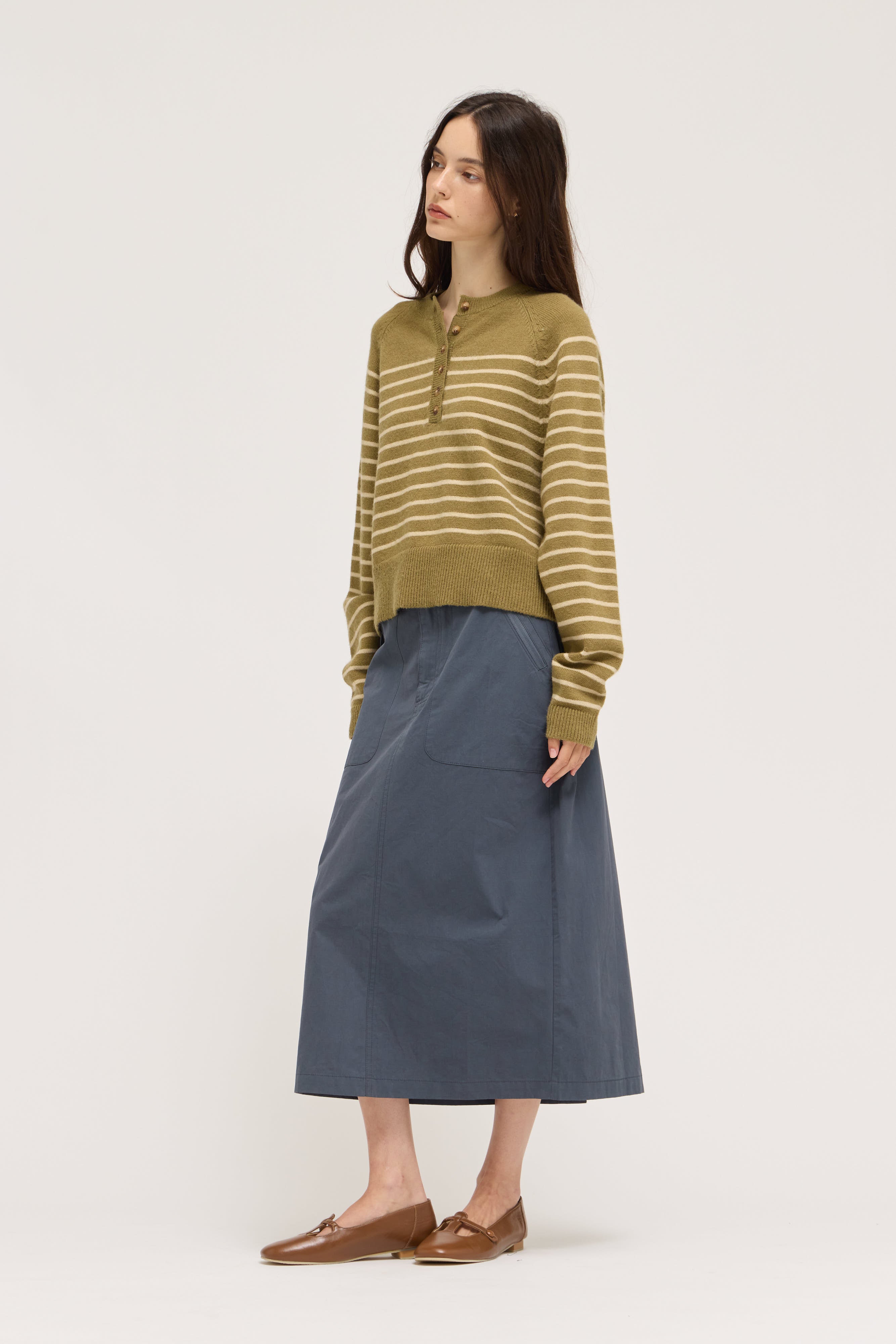 Knit Stripe Henley in Fatigue Papayrus