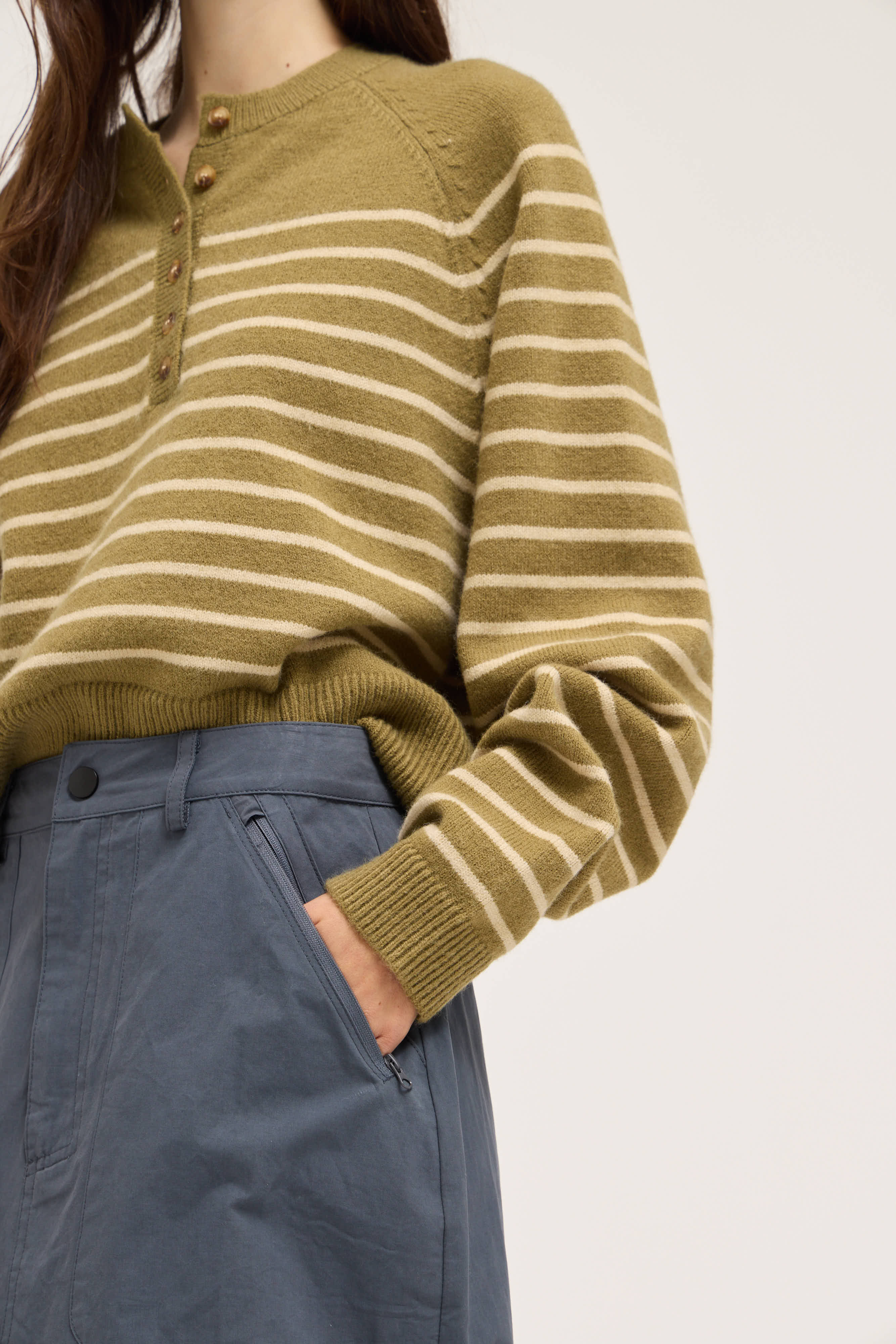 Knit Stripe Henley in Fatigue Papayrus