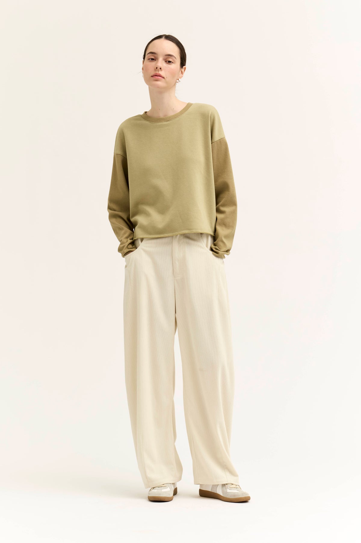 Rib And Terry Crewneck Top in Dry Sage