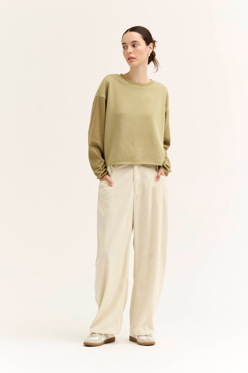 Rib And Terry Crewneck Top in Dry Sage