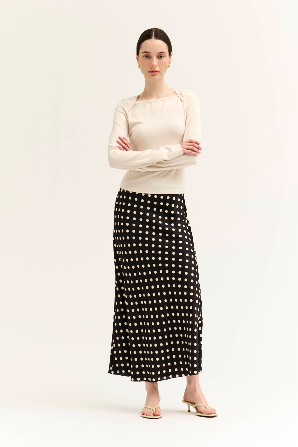 Polka Dot Slip Skirt in Black Ivory
