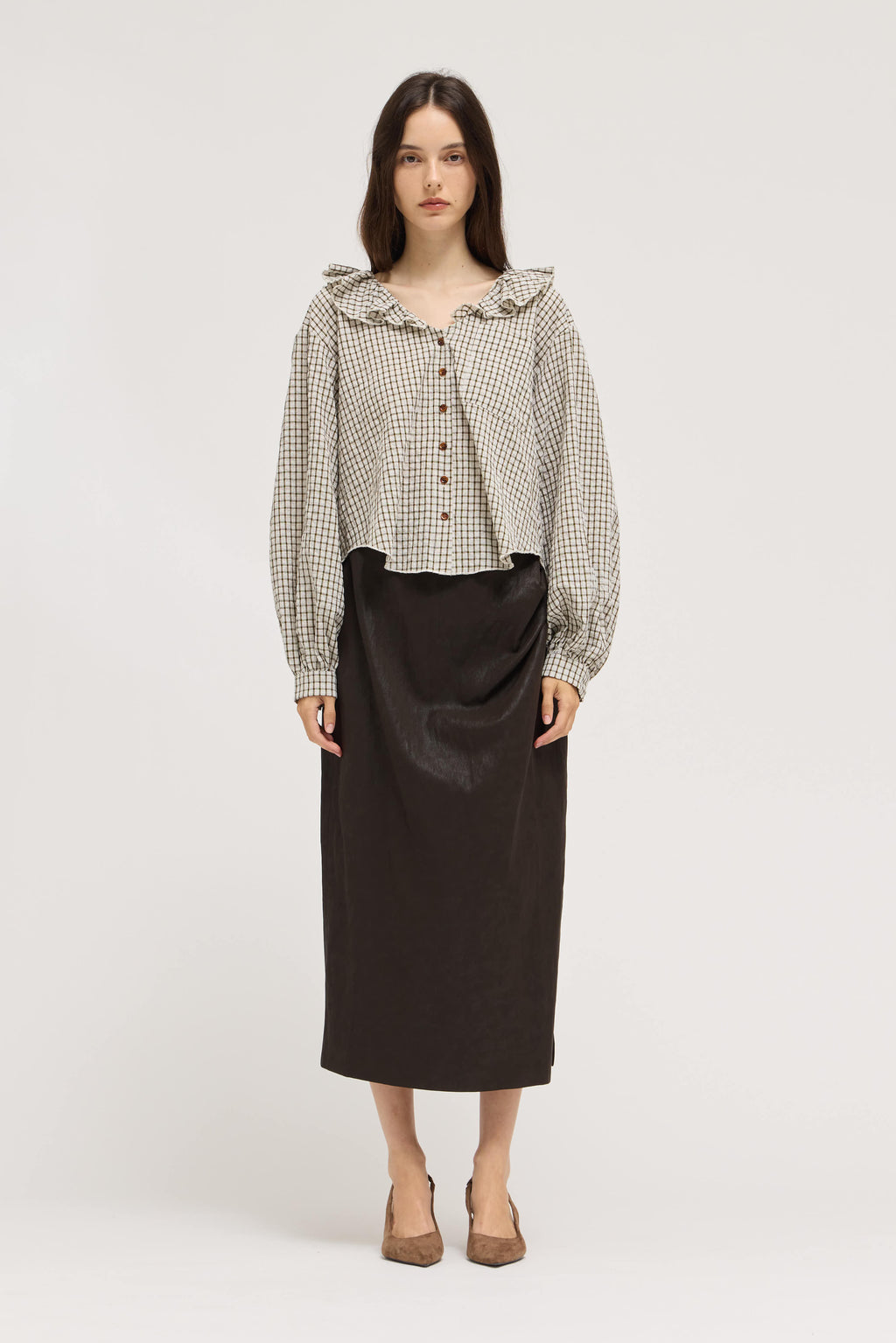 Ruffle Plaid Blouse in Olive