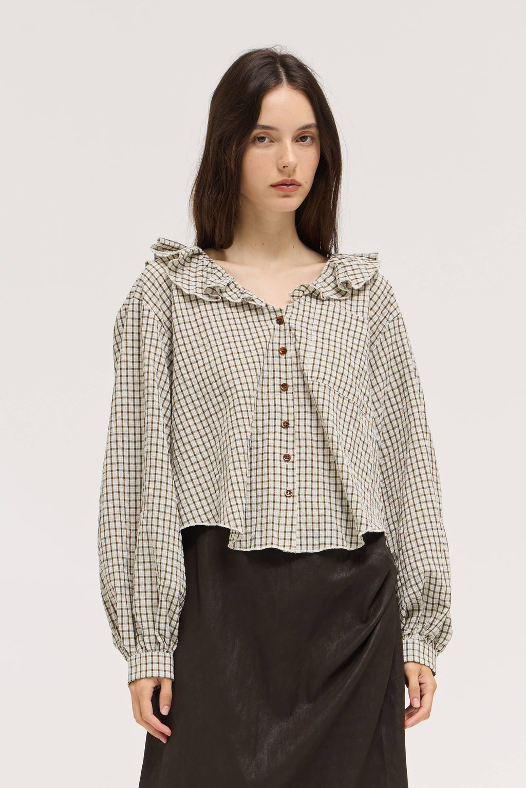 Ruffle Plaid Blouse in Olive