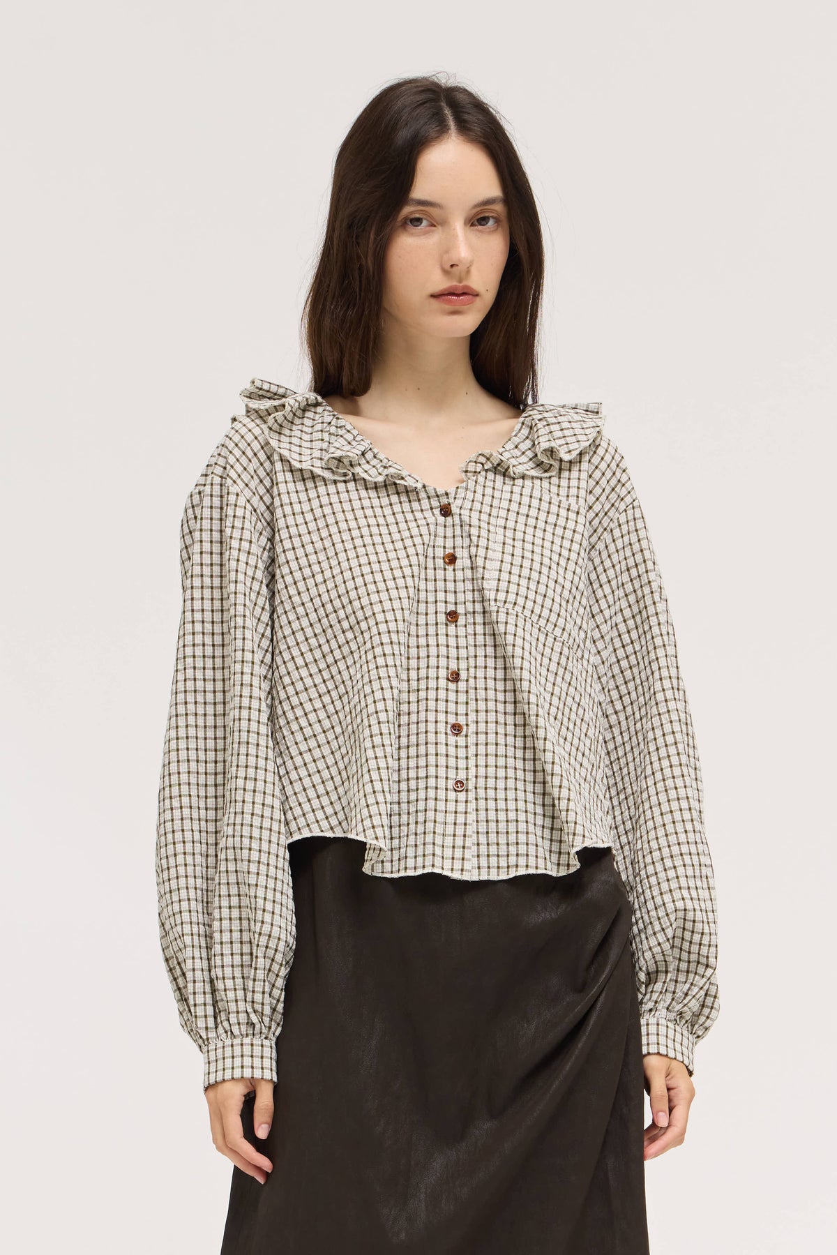 Ruffle Plaid Blouse in Olive