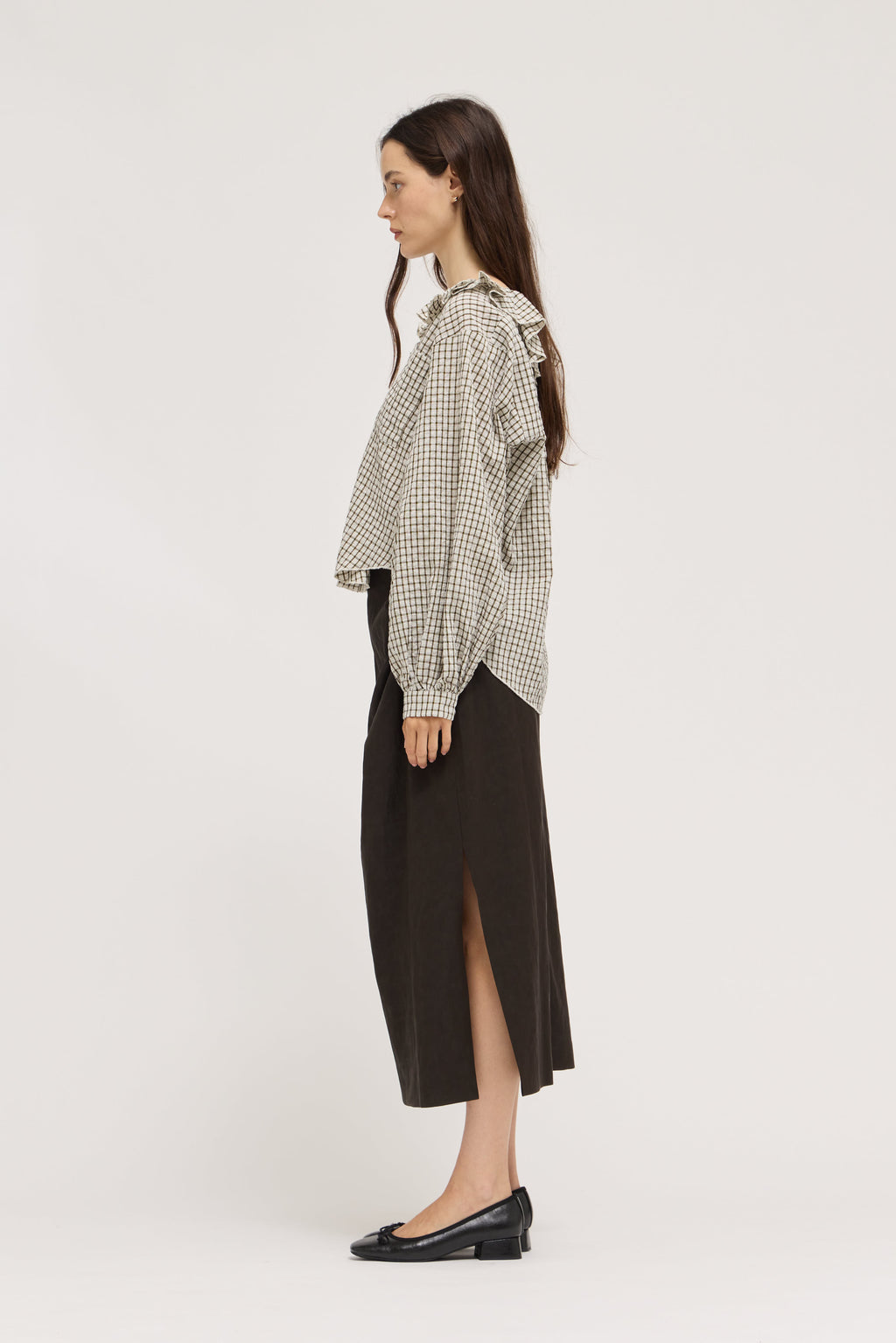 Ruffle Plaid Blouse in Olive