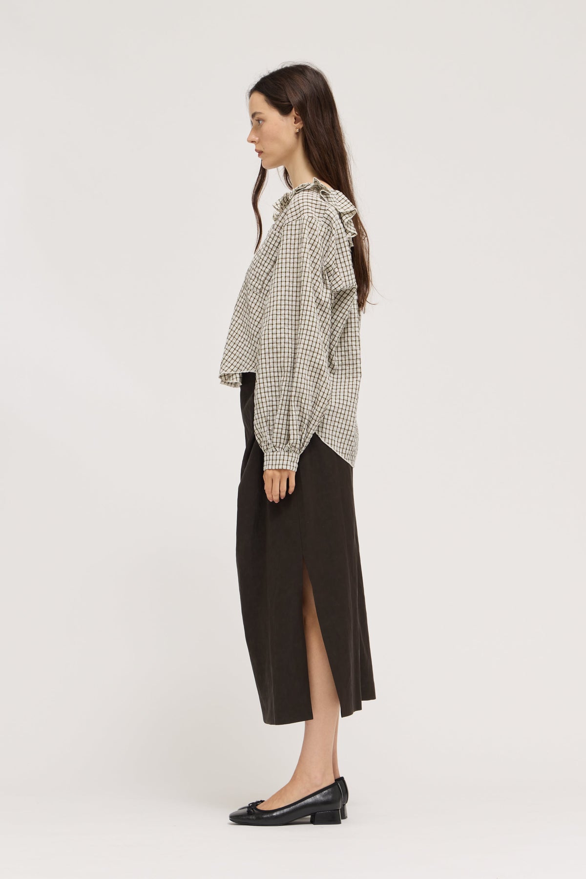 Ruffle Plaid Blouse in Olive