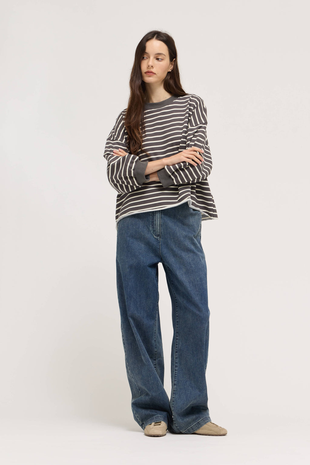 Easy Fit Stripe Sweatshirt in Steel Cream