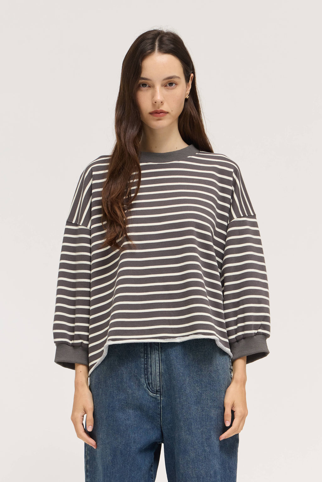 Easy Fit Stripe Sweatshirt in Steel Cream