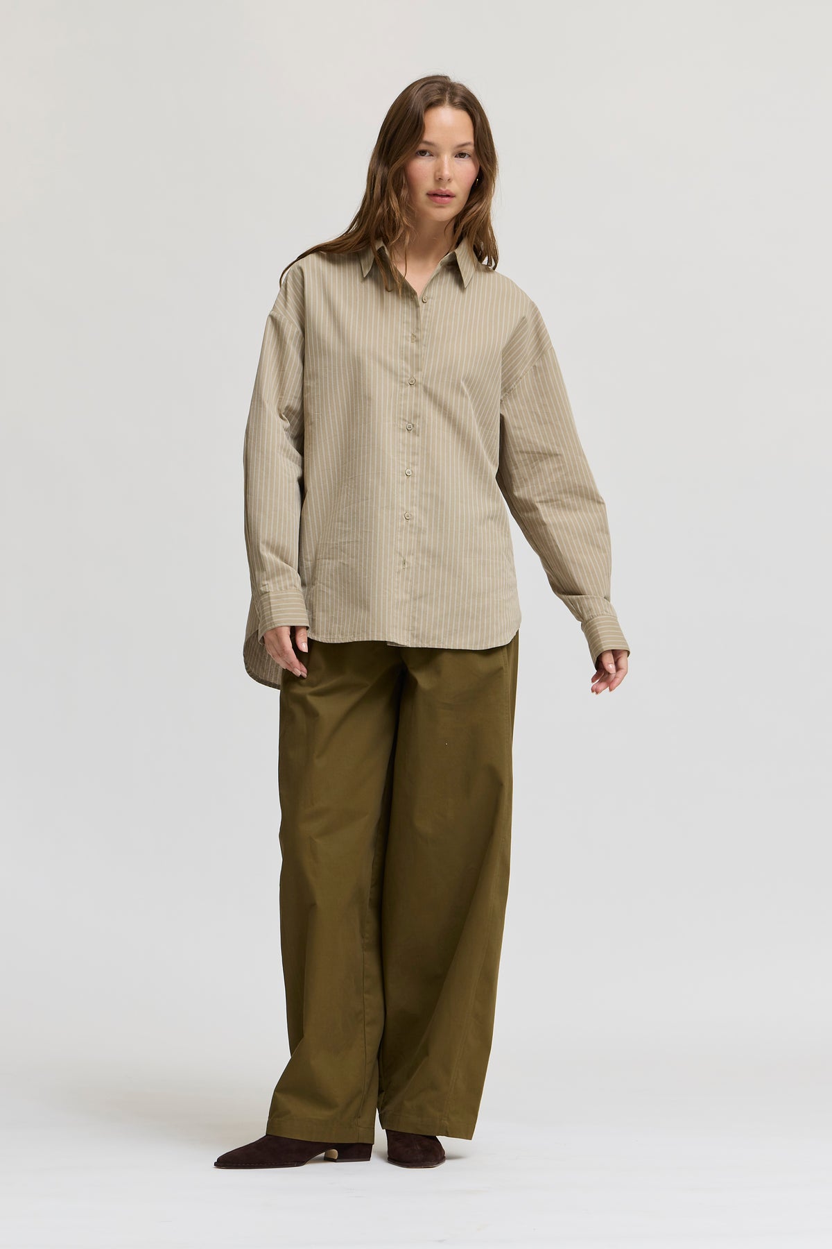 Stripe Loose Fit Button Up Shirts in Beige