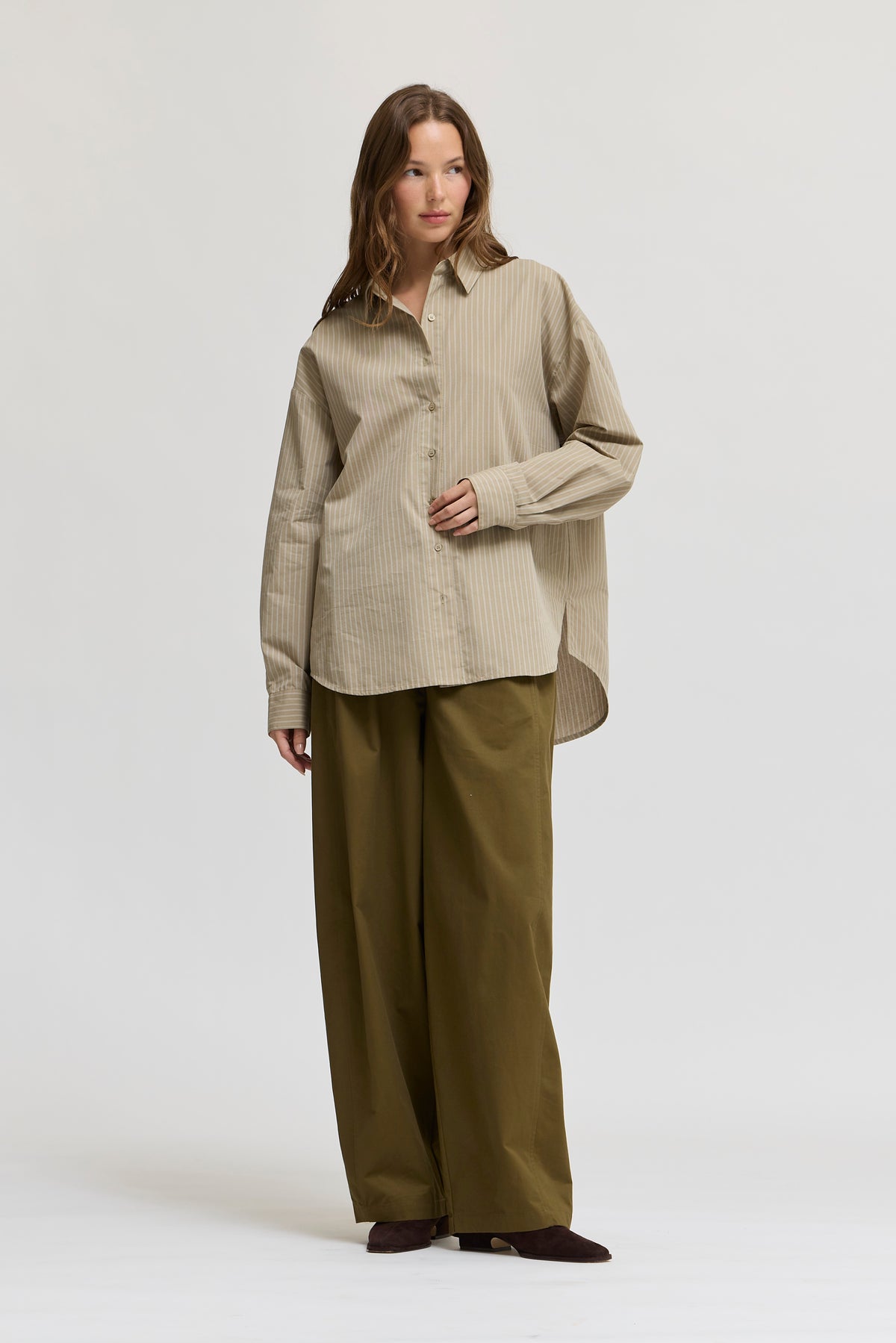 Stripe Loose Fit Button Up Shirts in Beige