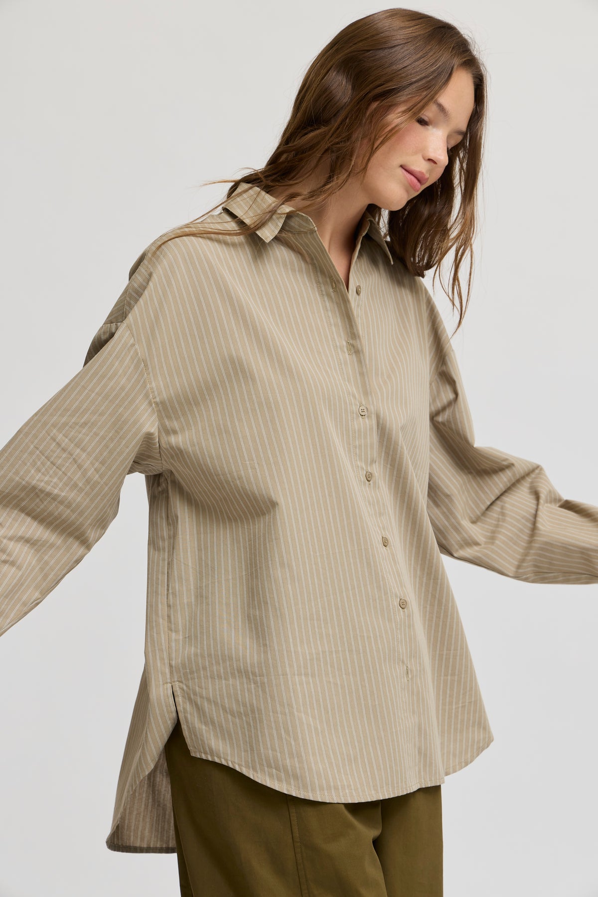 Stripe Loose Fit Button Up Shirts in Beige